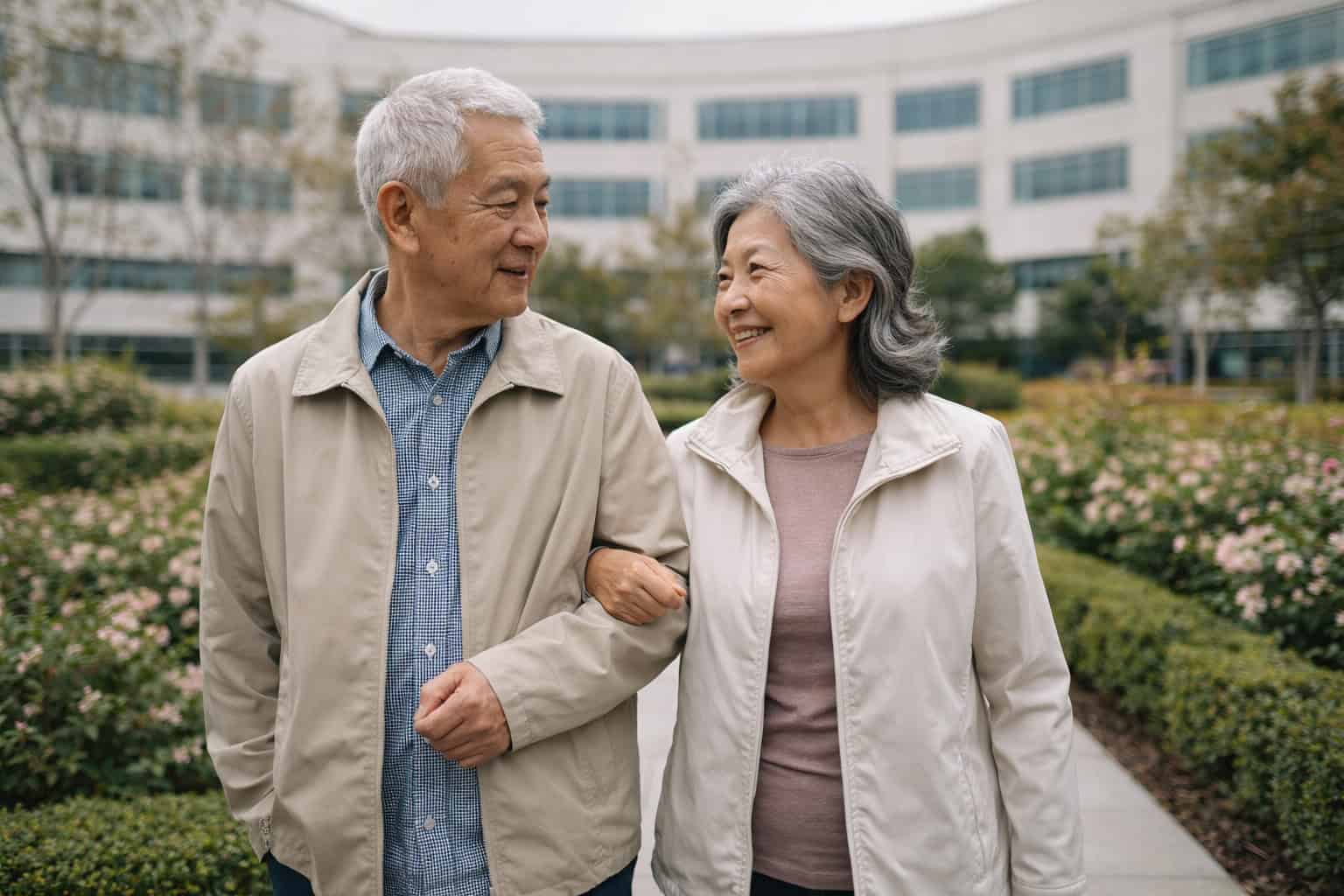 An elderly East Asian couple walking arm-in-arm through a landscaped hospital courtyard garden on a mild afternoon