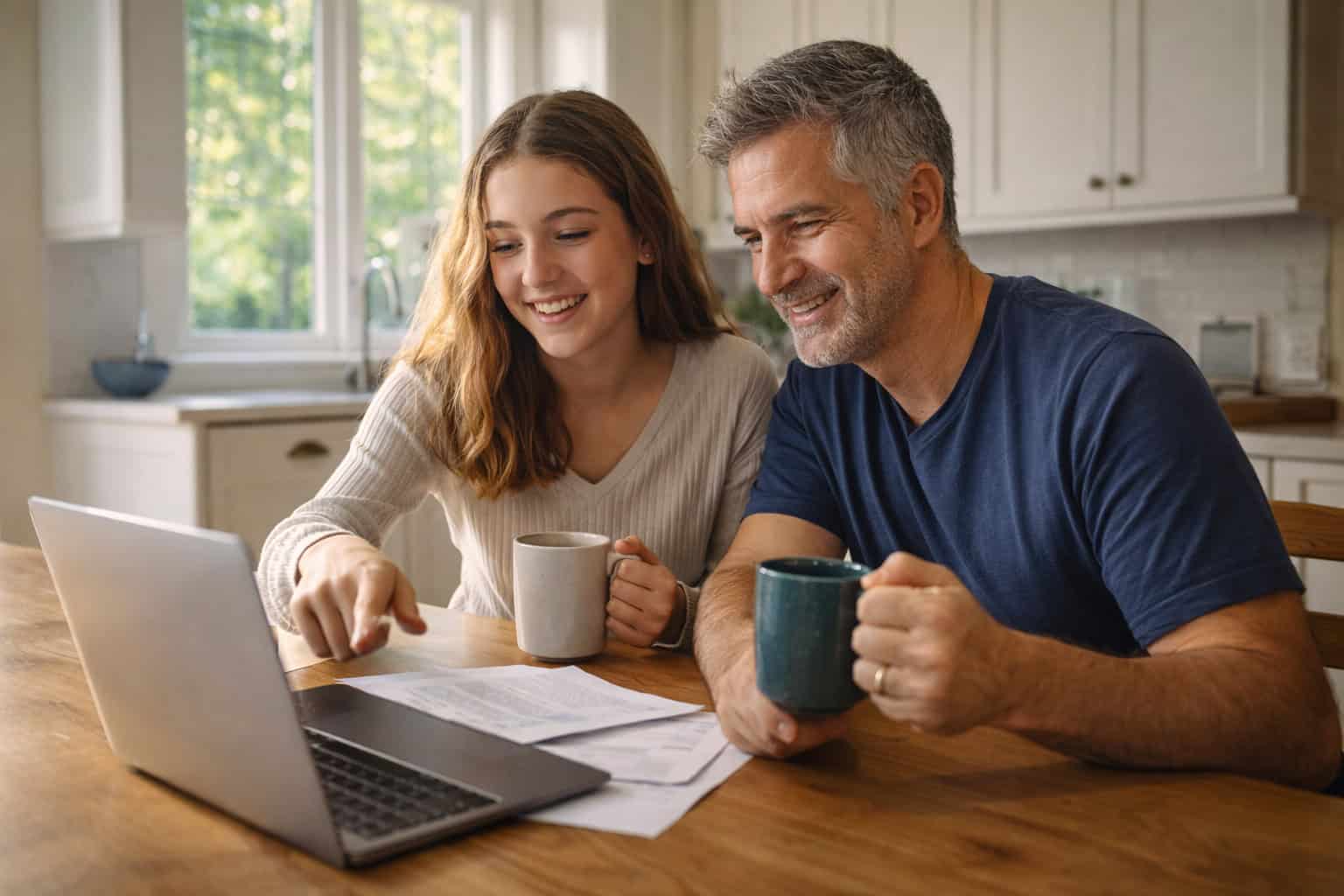 A middle-aged white father and his teenage daughter sitting at a bright kitchen table reviewing paperwork together with mugs of coffee