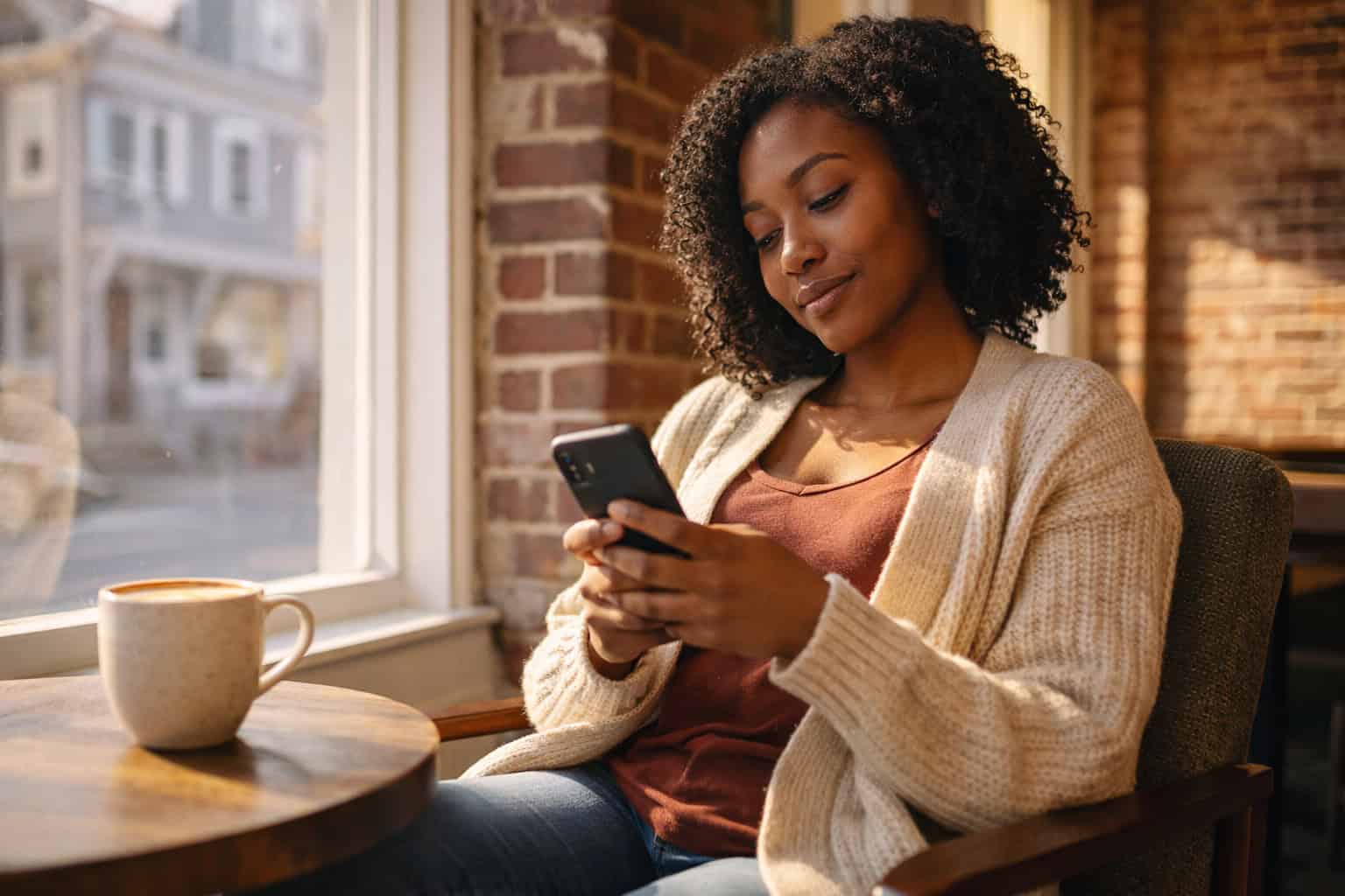 A young Black woman sitting in a sunny window seat at a coffee shop scrolling through her phone with a latte on the table beside her