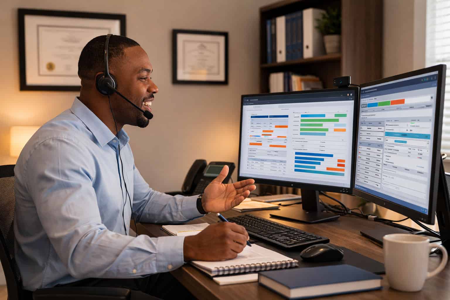 Health insurance broker in Arizona comparing plans on screen for a client