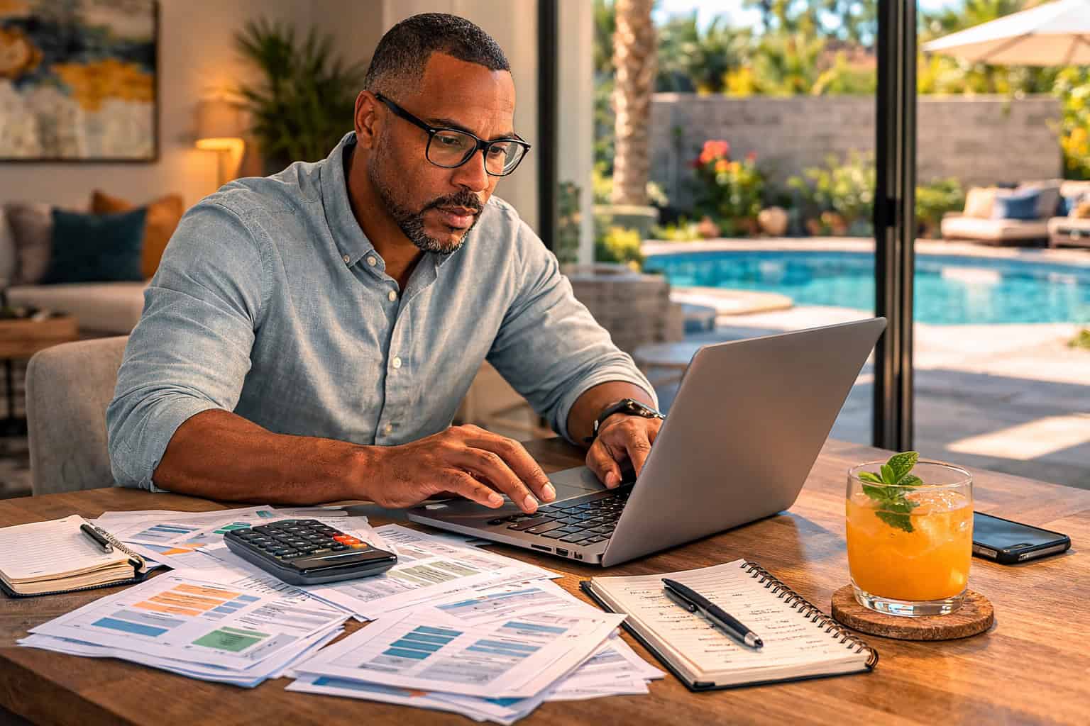 Arizona resident calculating individual health insurance costs with documents and calculator