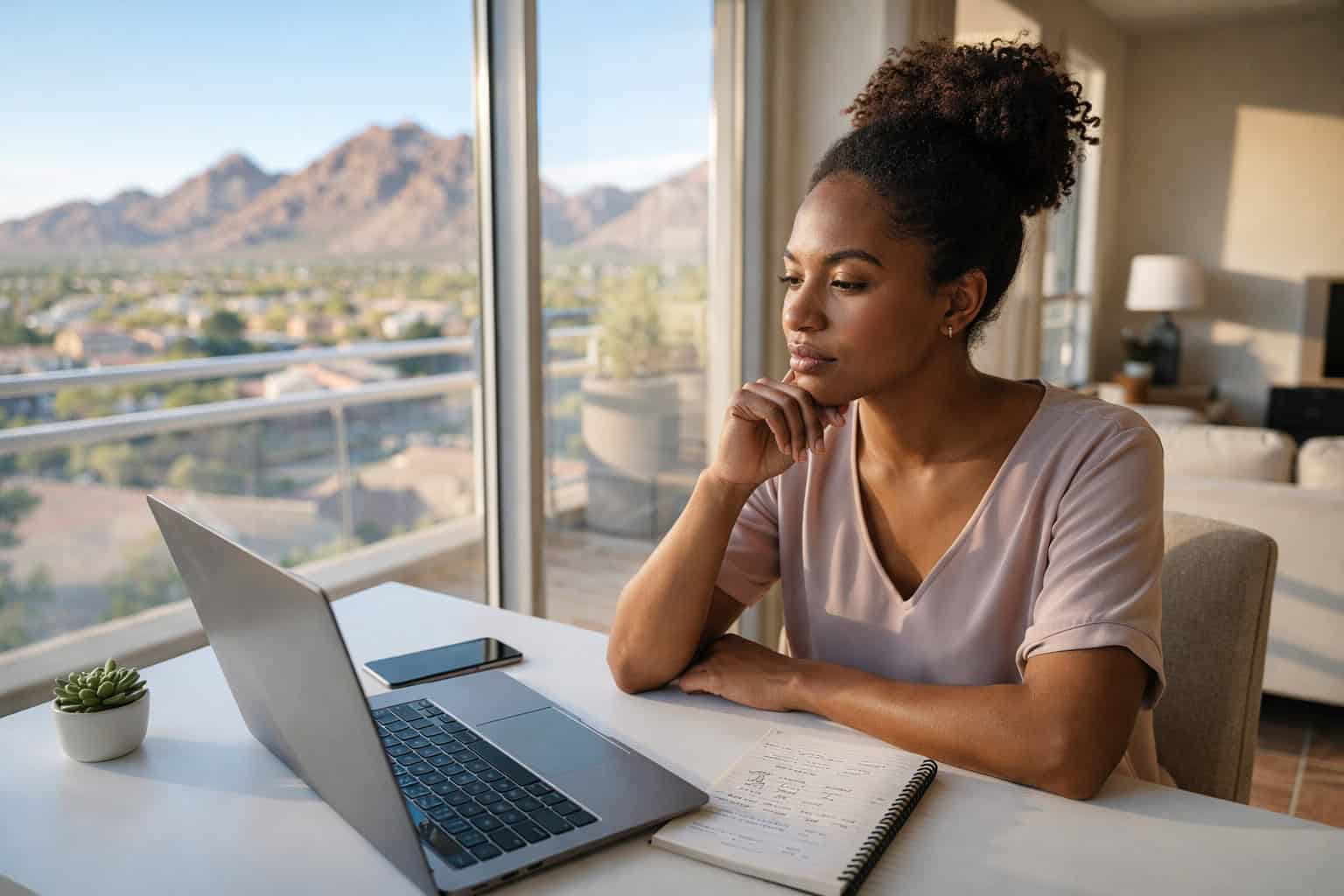A young Black professional woman reviewing health insurance costs on a laptop at a modern desk in a Tempe apartment