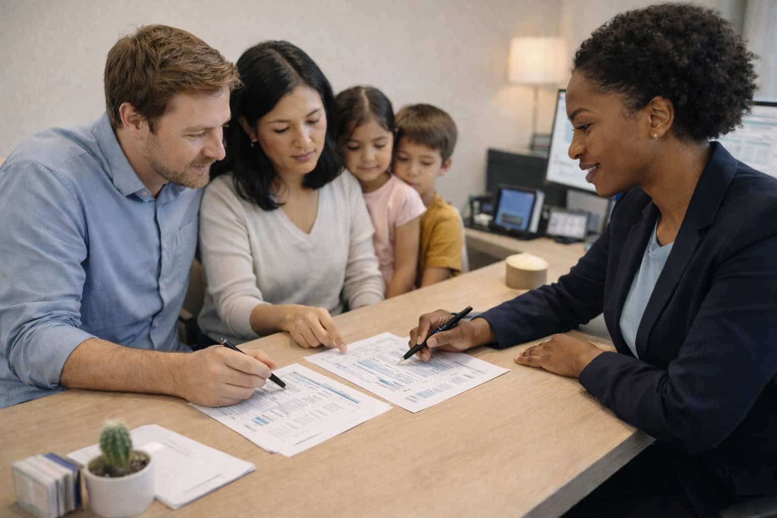  A diverse Arizona family with two children meeting with a health insurance broker in a bright office setting