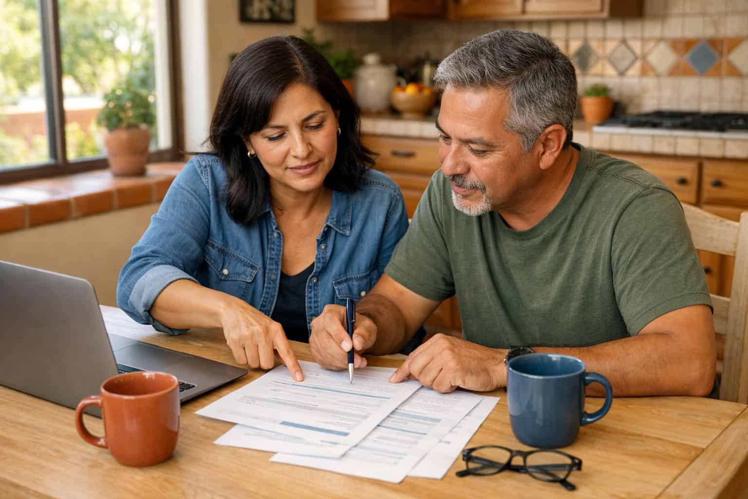  A middle-aged Hispanic couple reviewing health insurance plan documents at a kitchen table in a bright Scottsdale-style home