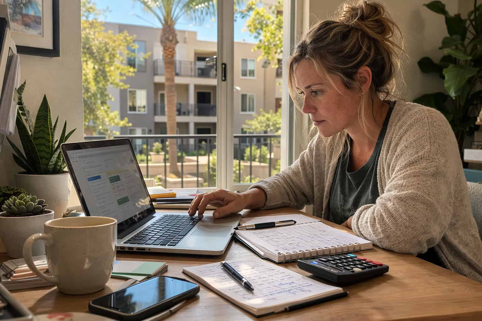 Self-employed Arizona resident researching individual health insurance plans on laptop