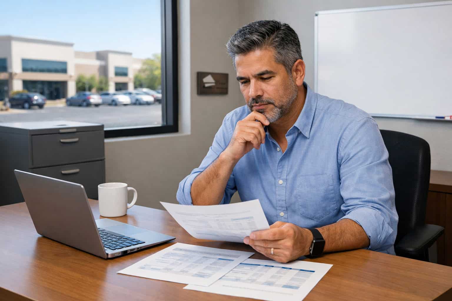 Arizona small business owner reviewing group health insurance options at desk