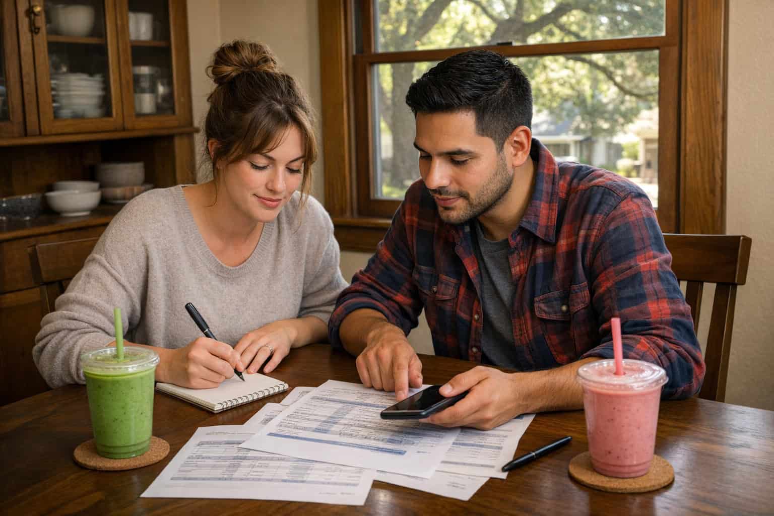 Young couple at a Sacramento dining table reviewing health insurance cost calculation sheets and subsidy options