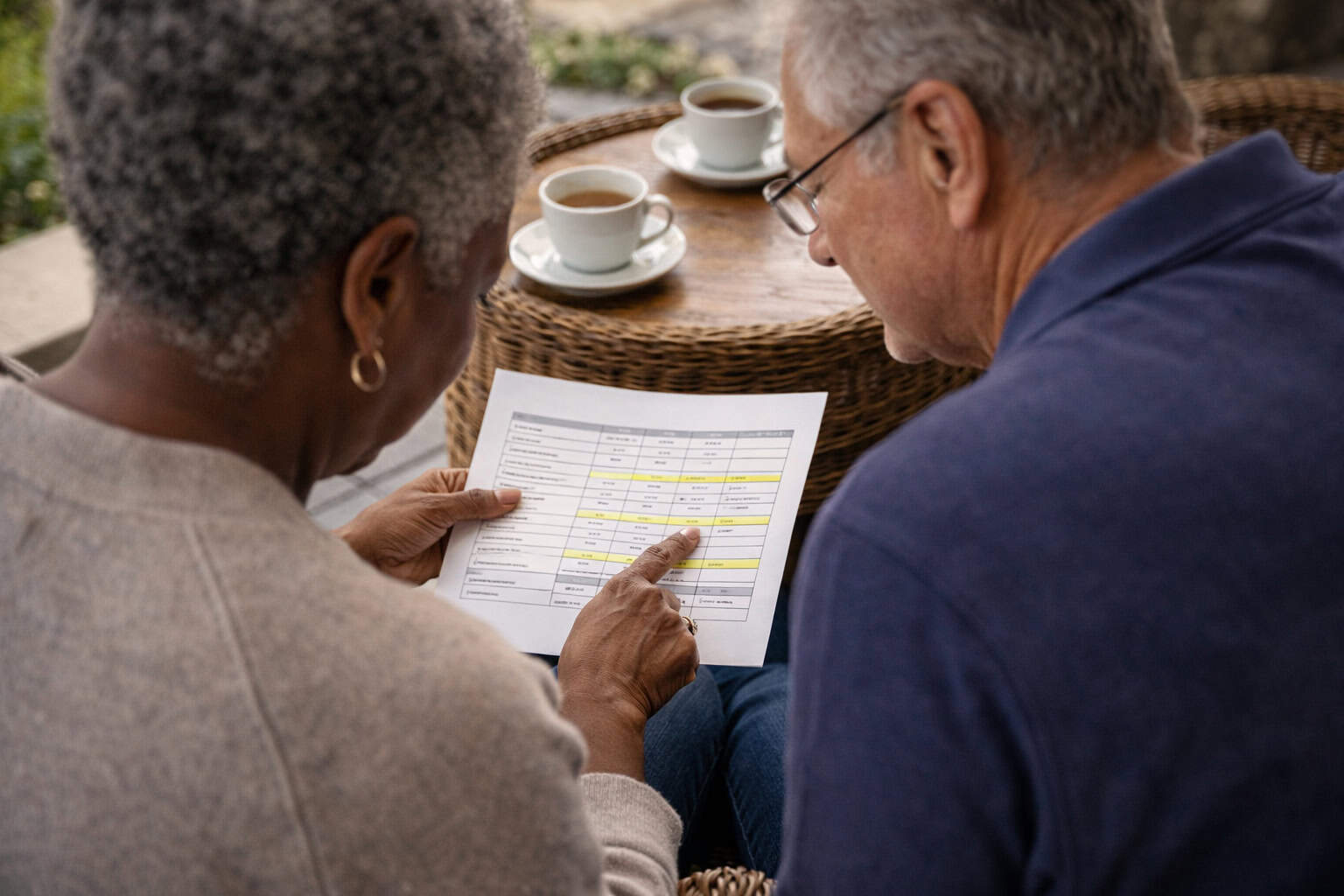 Older couple reviewing printed health insurance cost documents on a porch in Pasadena, California
