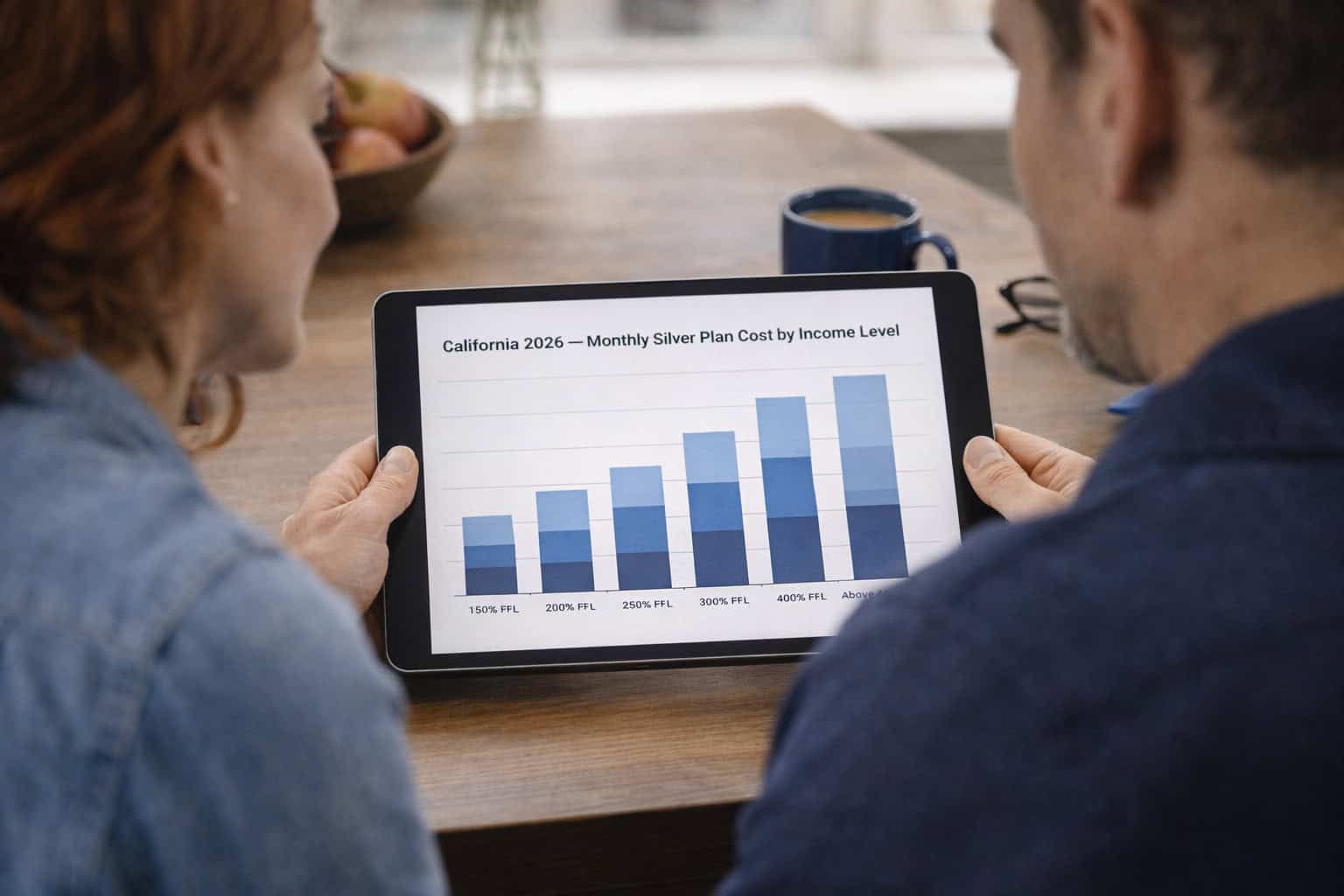 California 2026 premium tax credit subsidy amounts by income level chart — monthly subsidy and net Silver plan cost by FPL percentage