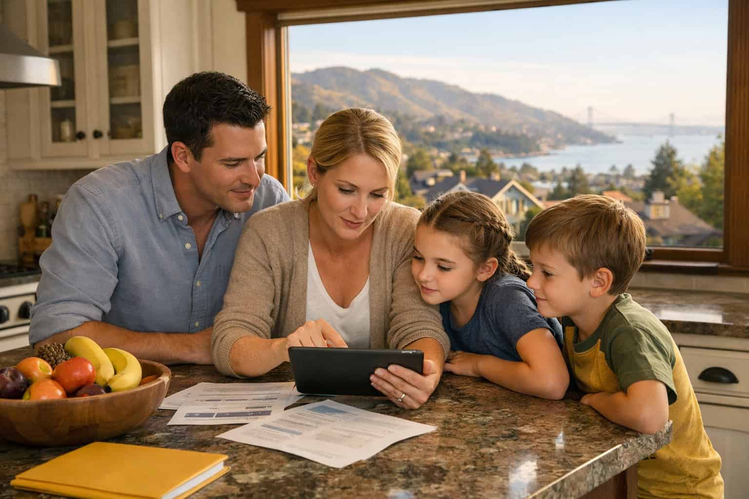 California family comparing affordable health insurance plan options on a tablet at their Oakland home kitchen island
