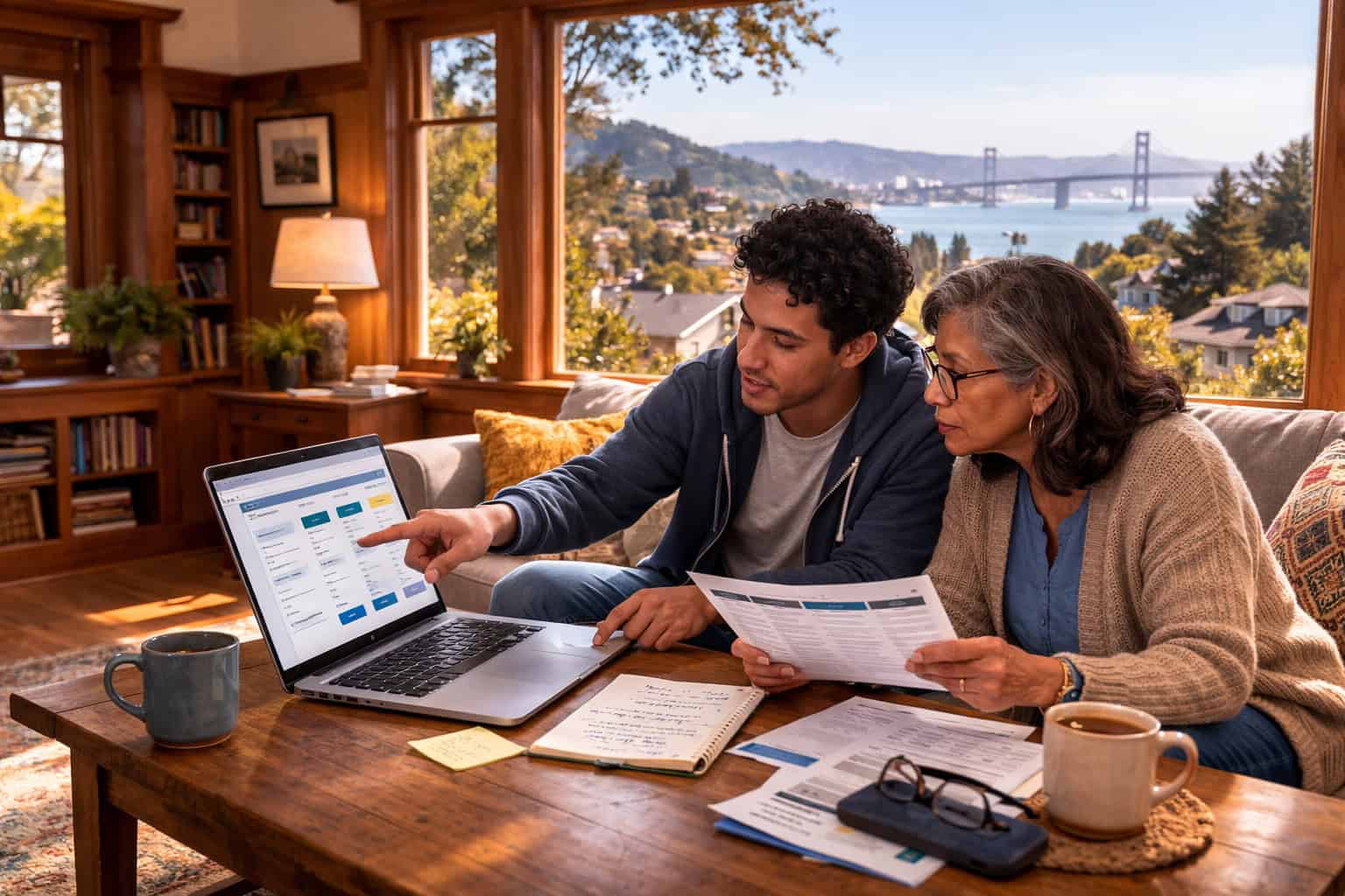 Adult son helping his mother compare Covered California health insurance carrier options on a laptop in Berkeley