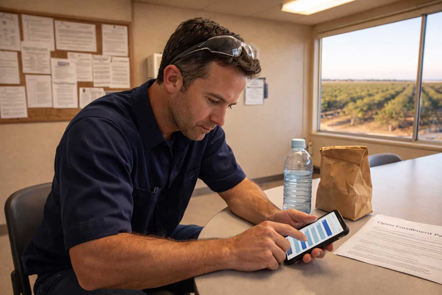 California worker reviewing health insurance plan options on a phone during a break at a Fresno workplace