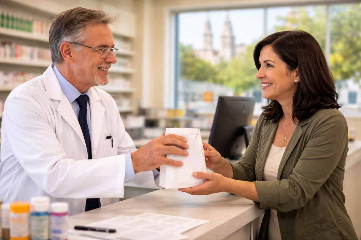 California resident reviewing health insurance plan formulary with a pharmacist at a counter in Hillcrest, San Diego