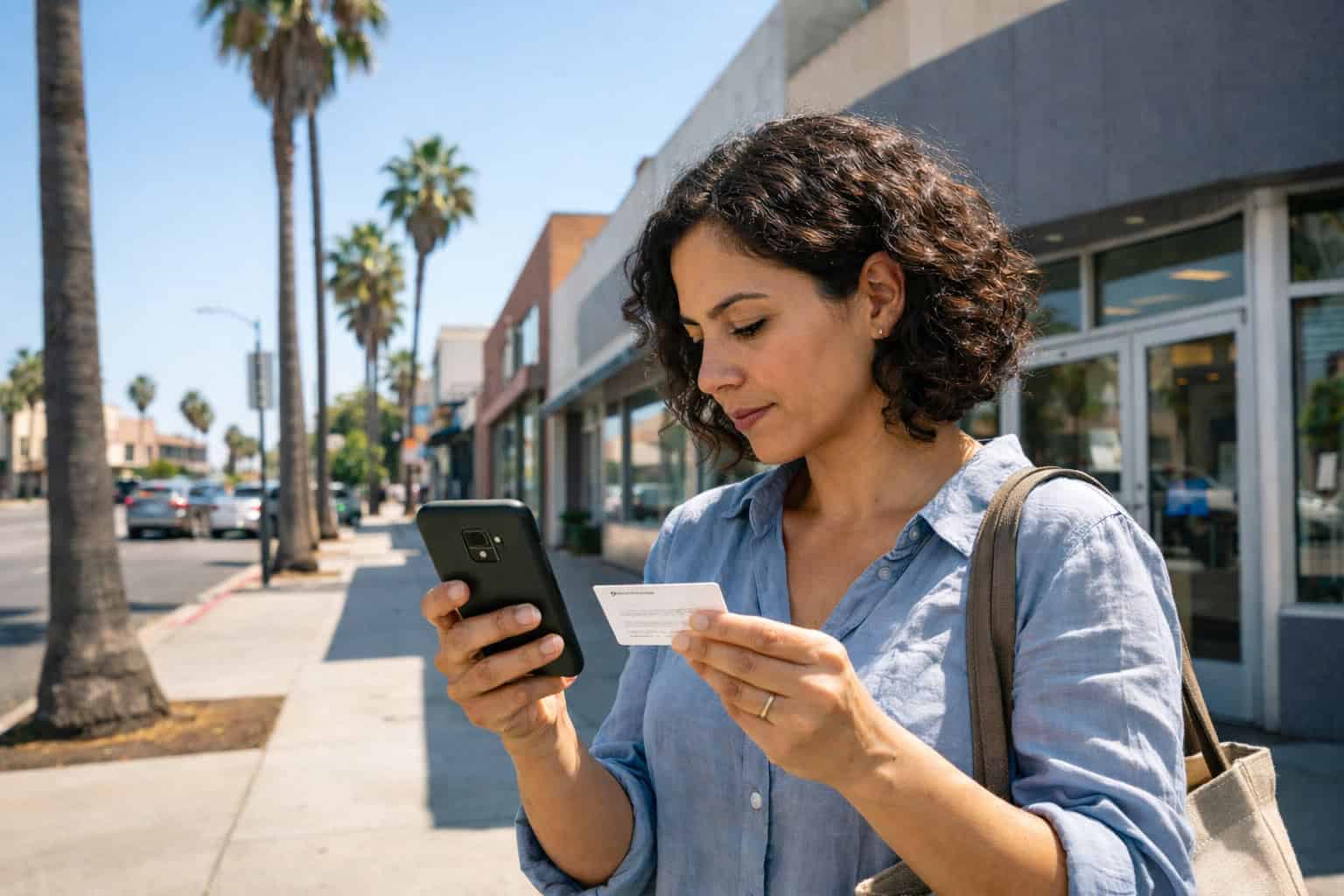 California resident using the CDI producer license lookup on a smartphone outside a Covered California office in Los Angeles