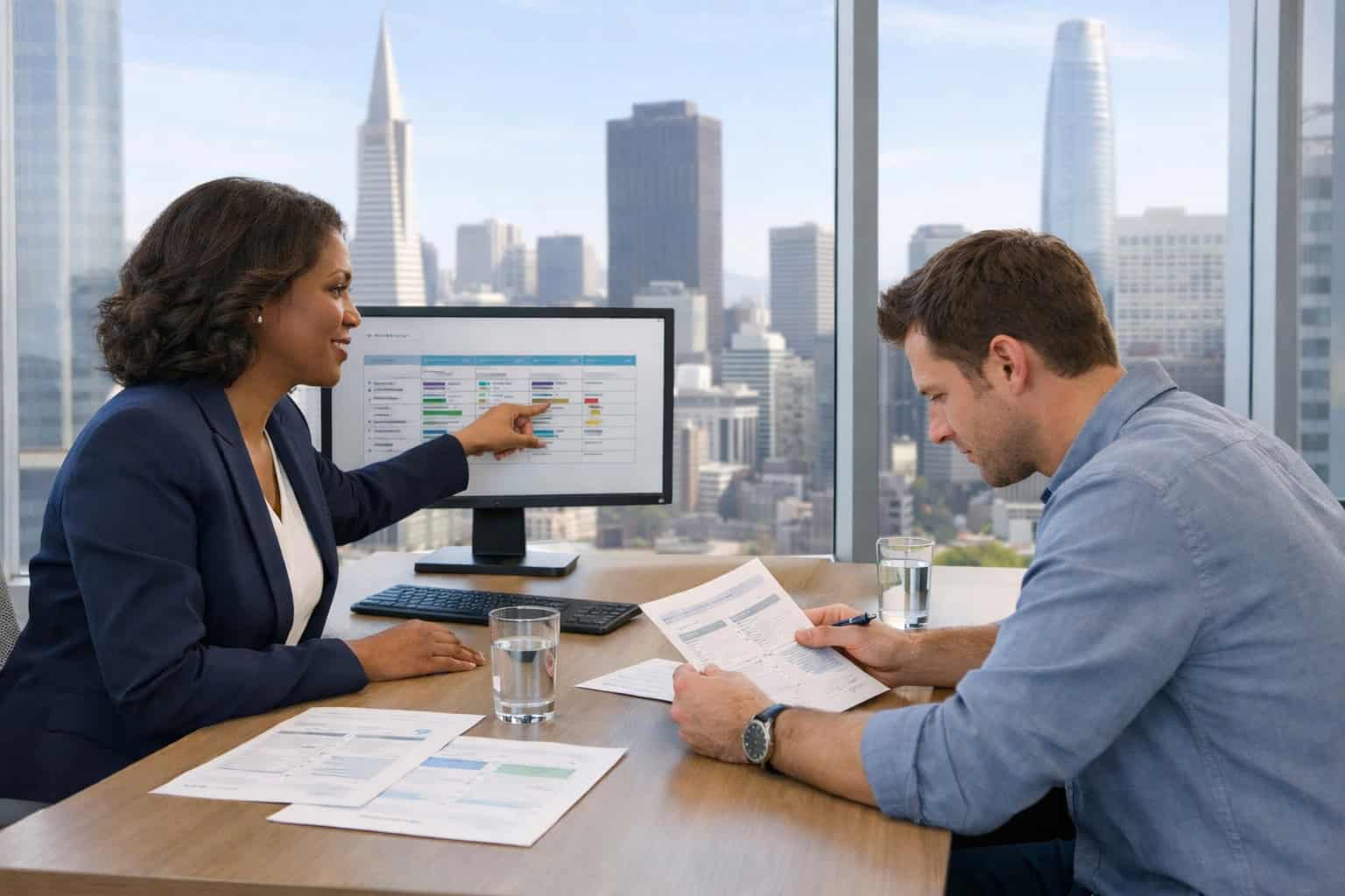 Licensed California health insurance broker reviewing plan options with a client at an office in San Francisco