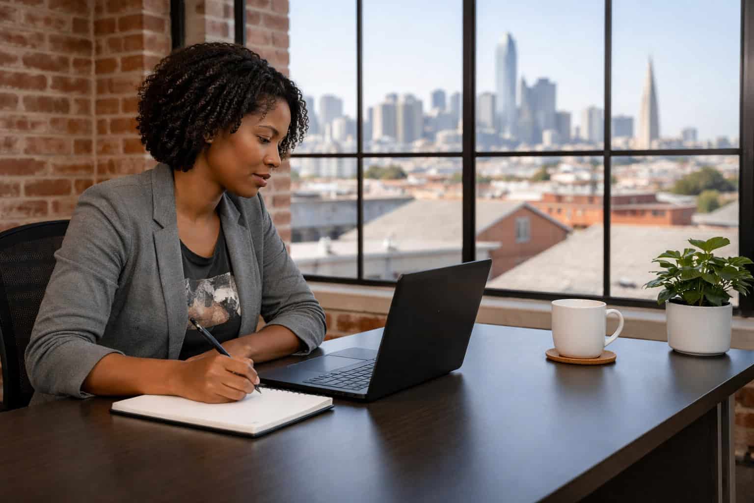 Self-employed Californian researching individual health insurance plans at a San Francisco Mission District loft home office