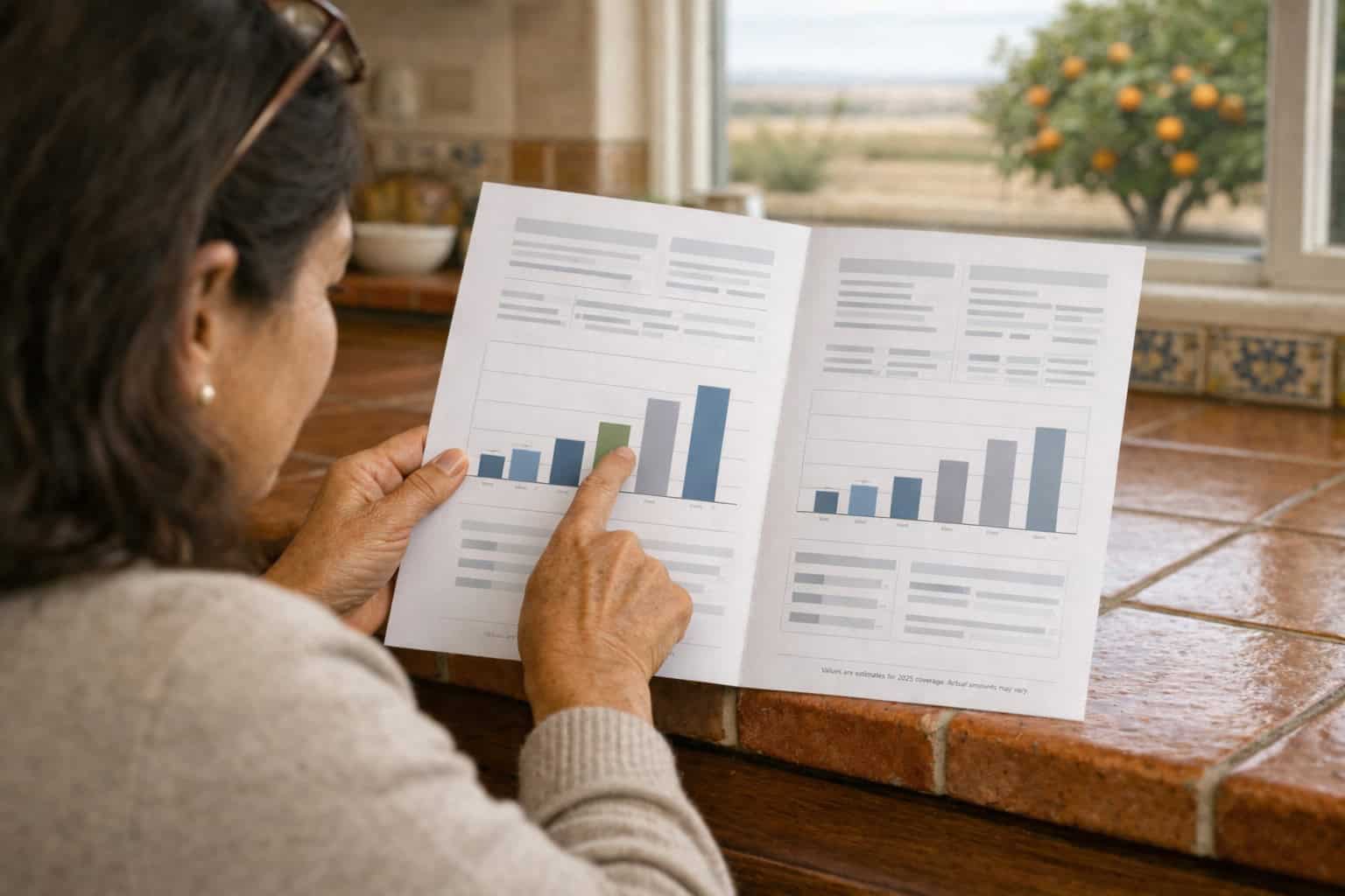 Close-up of a printed California 2026 individual health insurance subsidy chart held at a Fresno kitchen table