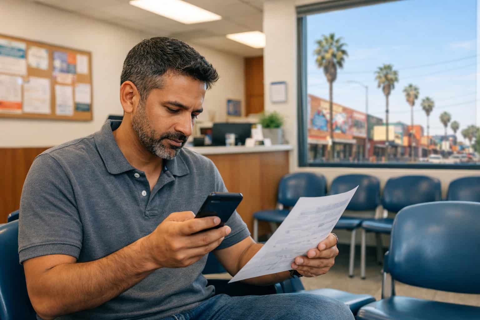 California resident reviewing individual health insurance plans while waiting at a Los Angeles community clinic