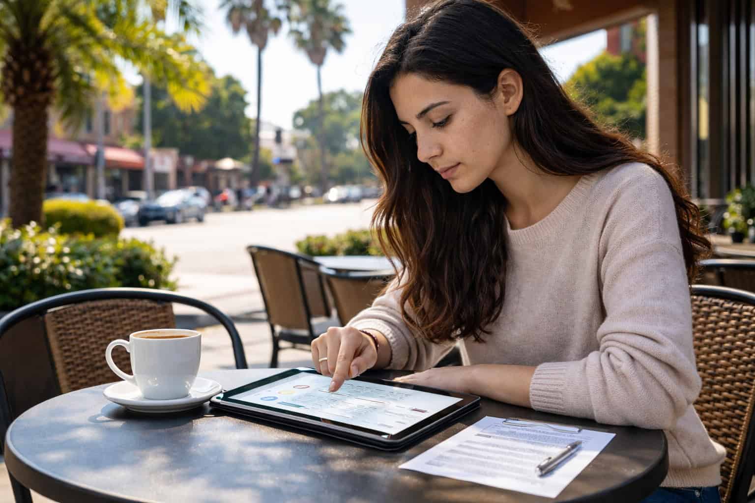  California resident reviewing Covered California plan options at outdoor cafe in Hillcrest, San Diego