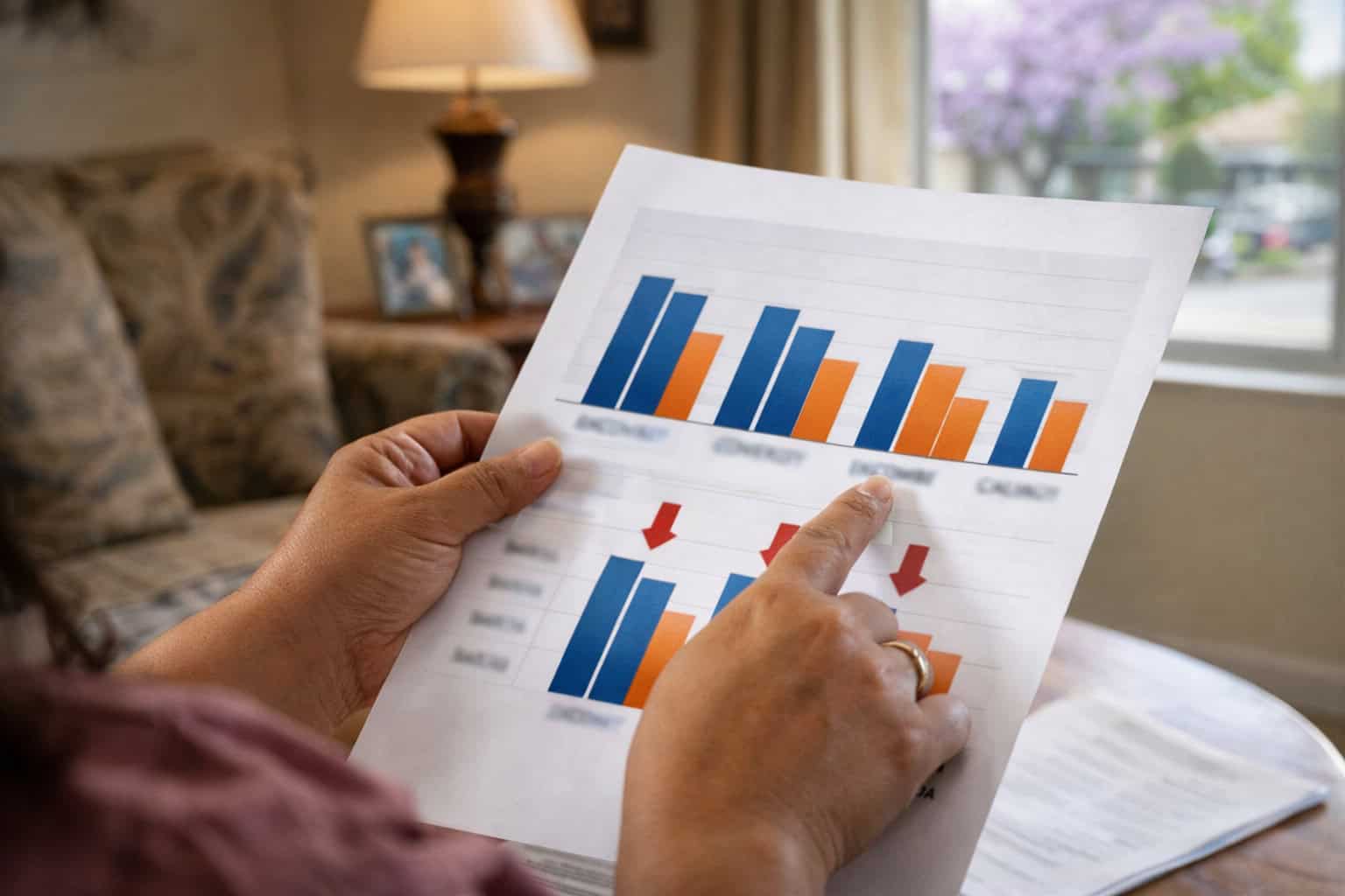 Close-up of hands holding a printed Covered California 2026 subsidy comparison sheet in a Fresno living room<