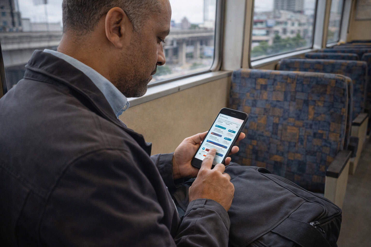 California commuter reviewing Covered California health insurance options on smartphone during Oakland BART ride