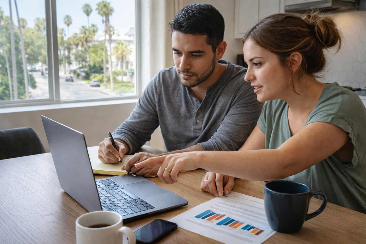 California couple comparing Covered California plan options on a laptop at their Westwood home