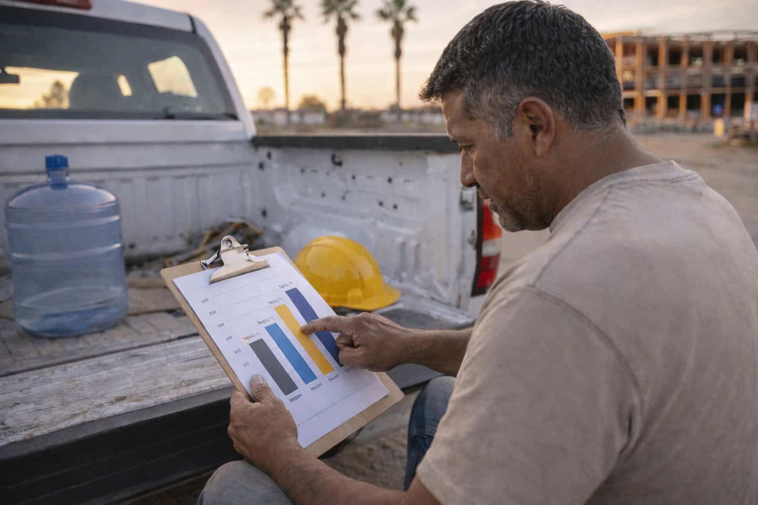 Close-up of hands holding a printed California 2026 metal tier premium comparison chart at a Stockton kitchen table