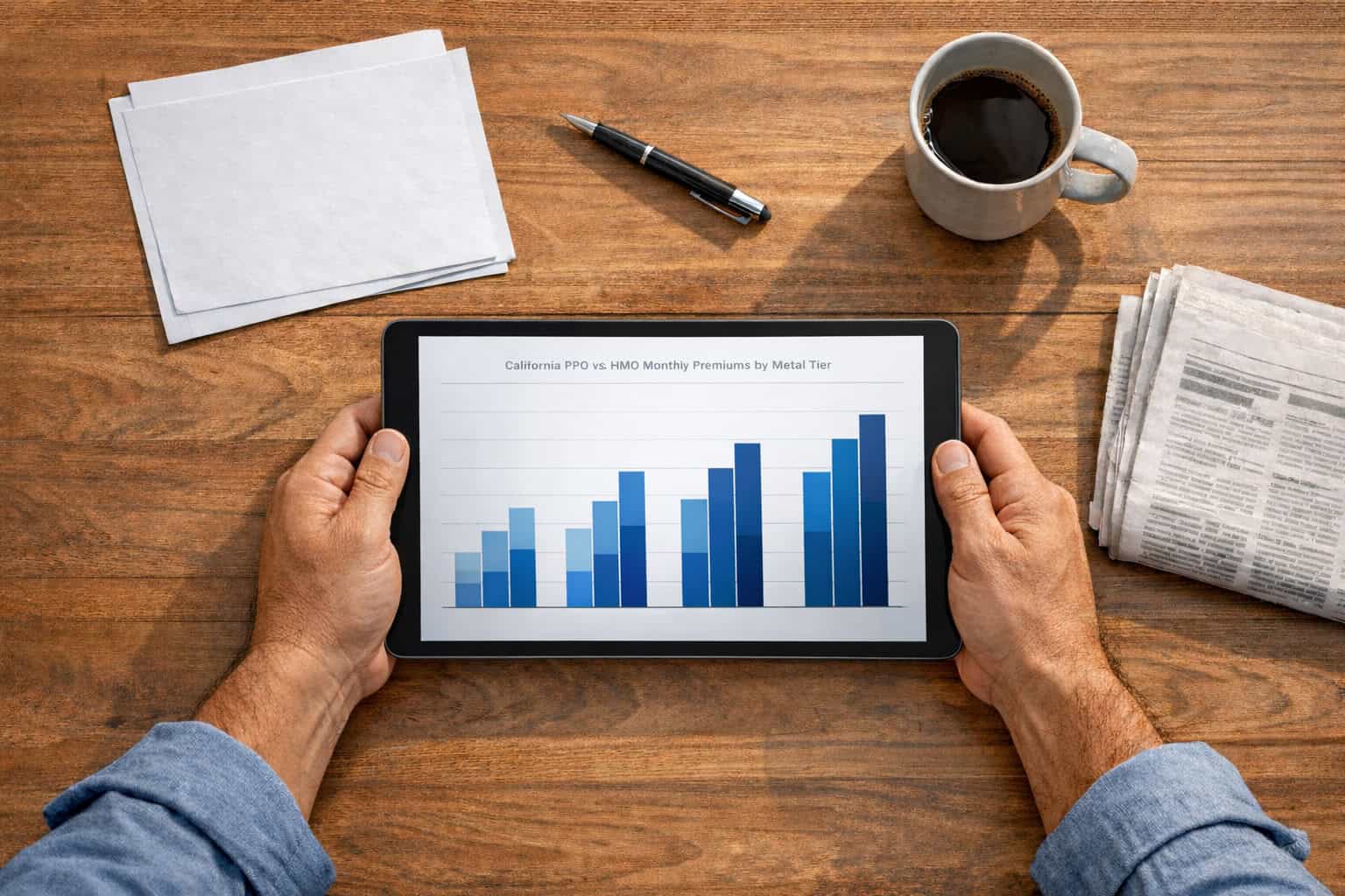 California resident reviewing a Covered California 2026 PPO vs. HMO premium chart on a tablet at a San Jose desk