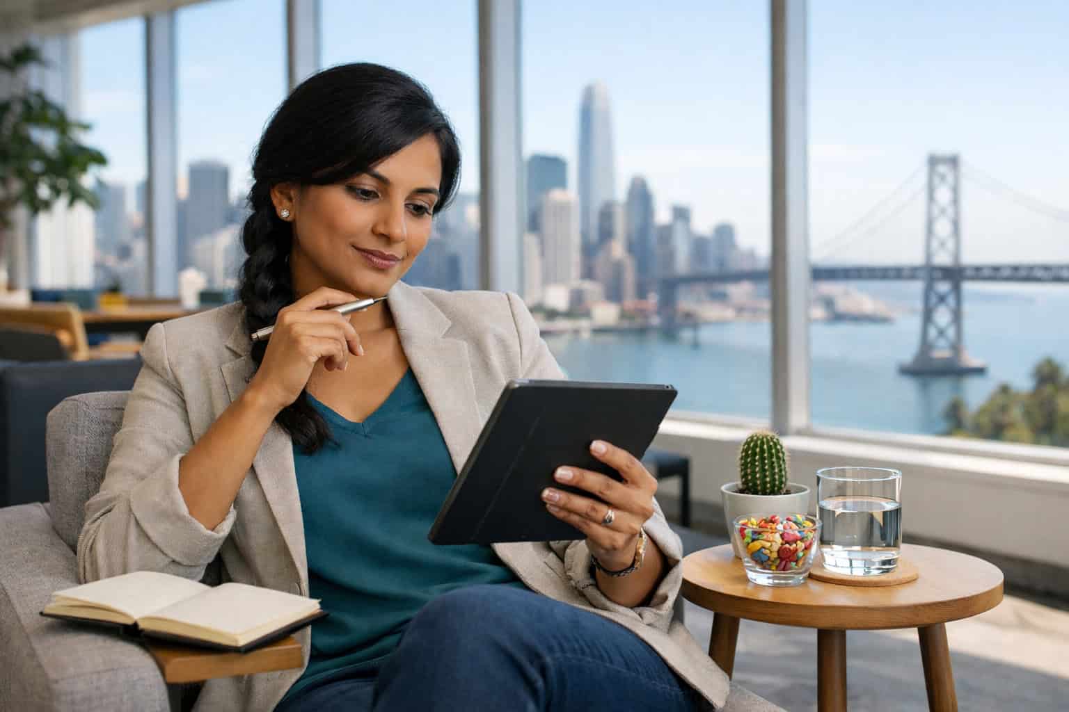 California resident selecting a Blue Shield PPO health insurance plan on a tablet at a San Francisco cafe