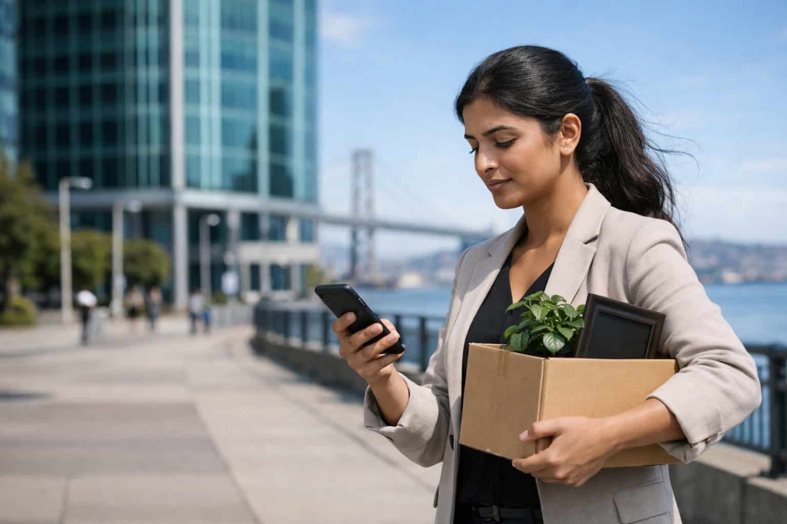 California professional carrying a packed box during a job transition outside an Oakland office building
