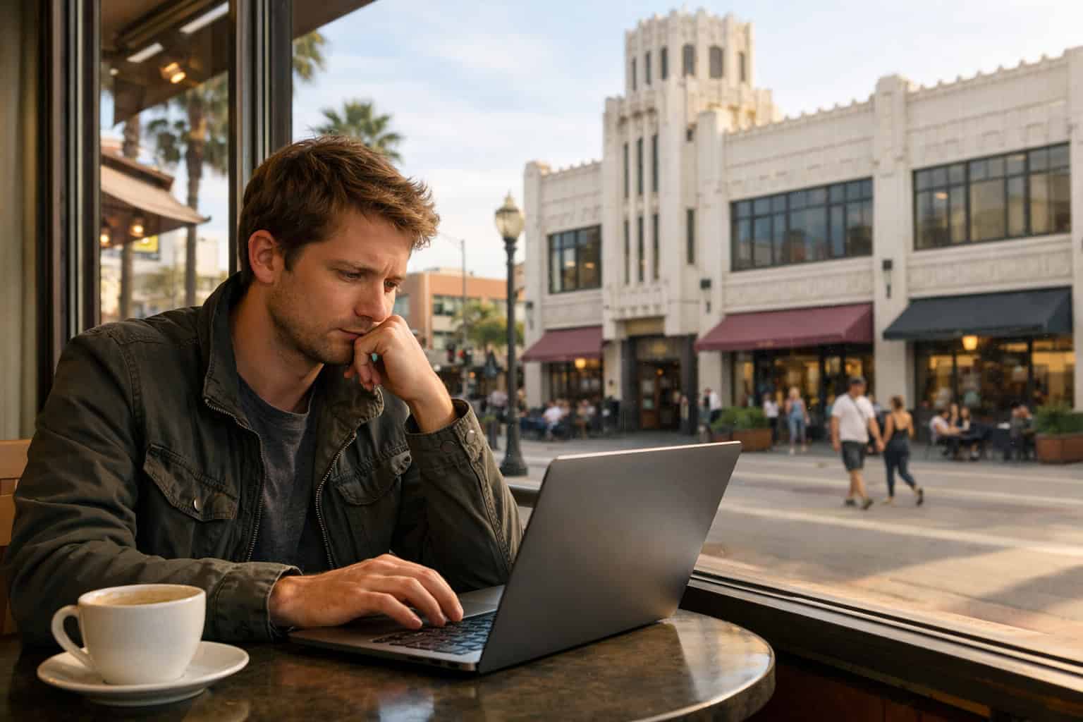 Young California resident at a Long Beach coffee shop researching health insurance coverage alternatives on a laptop