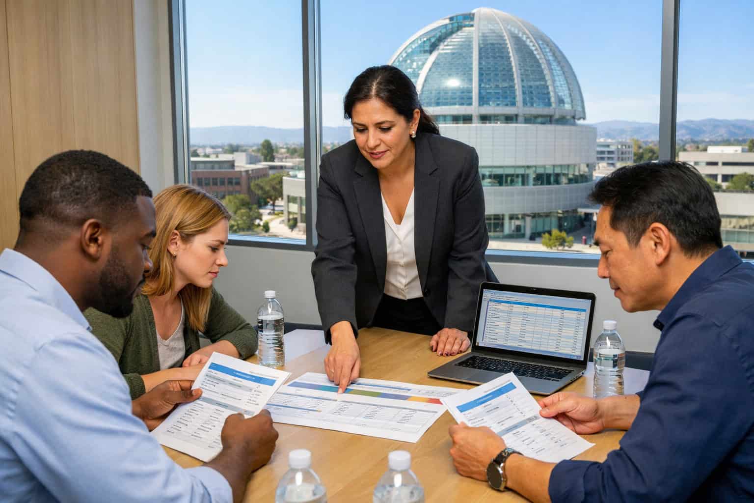  California small business owner presenting group health insurance plan quotes to employees in a San Jose office conference room