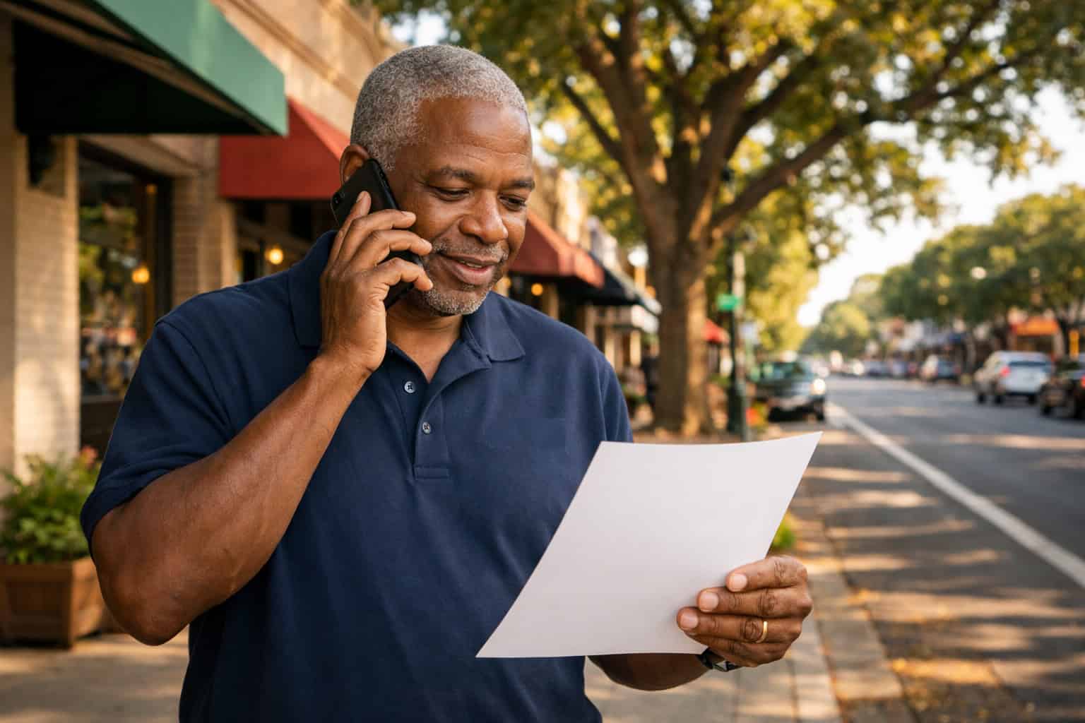  California small business owner reviewing a group health insurance rate document on a phone call outside a Sacramento midtown storefront