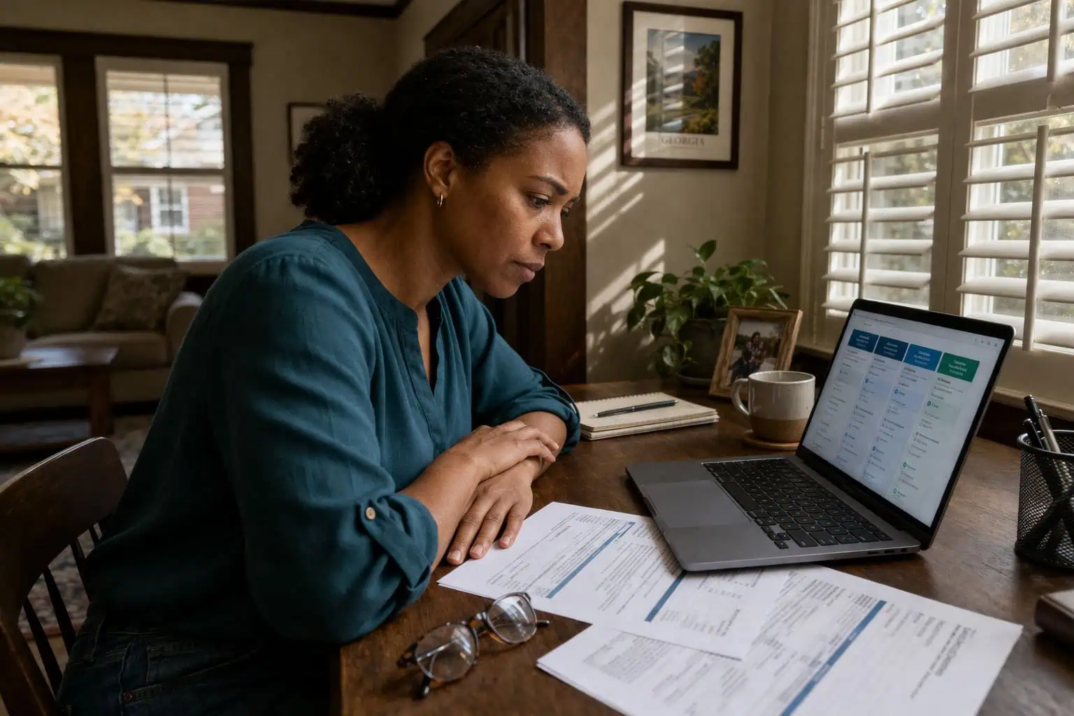 Self-employed Georgia resident reviewing individual health insurance plan options in Decatur, 2026
