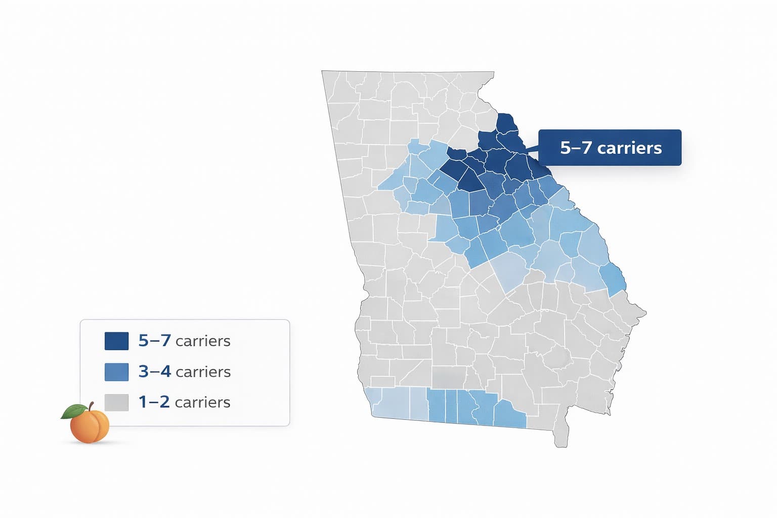 Georgia 2026 carrier availability by county — 5–7 carriers in Atlanta metro, Ambetter only in rural South Georgia.