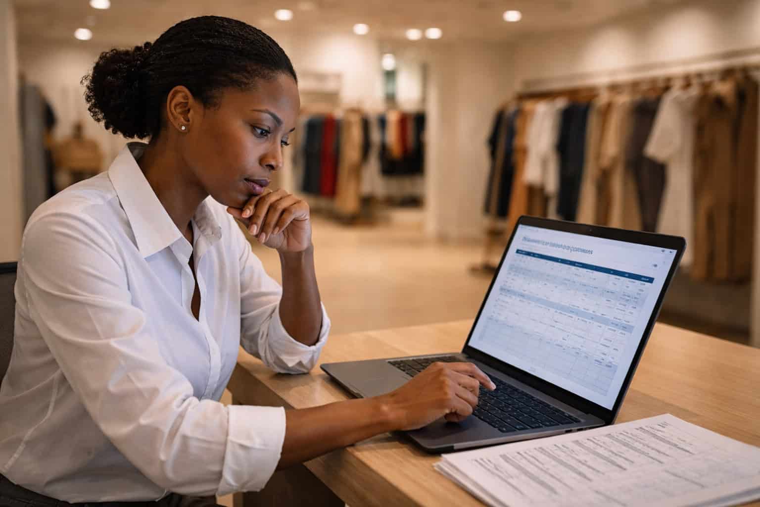 Georgia small business owner reviewing 2026 group health insurance plan options at a Buckhead, Atlanta retail shop