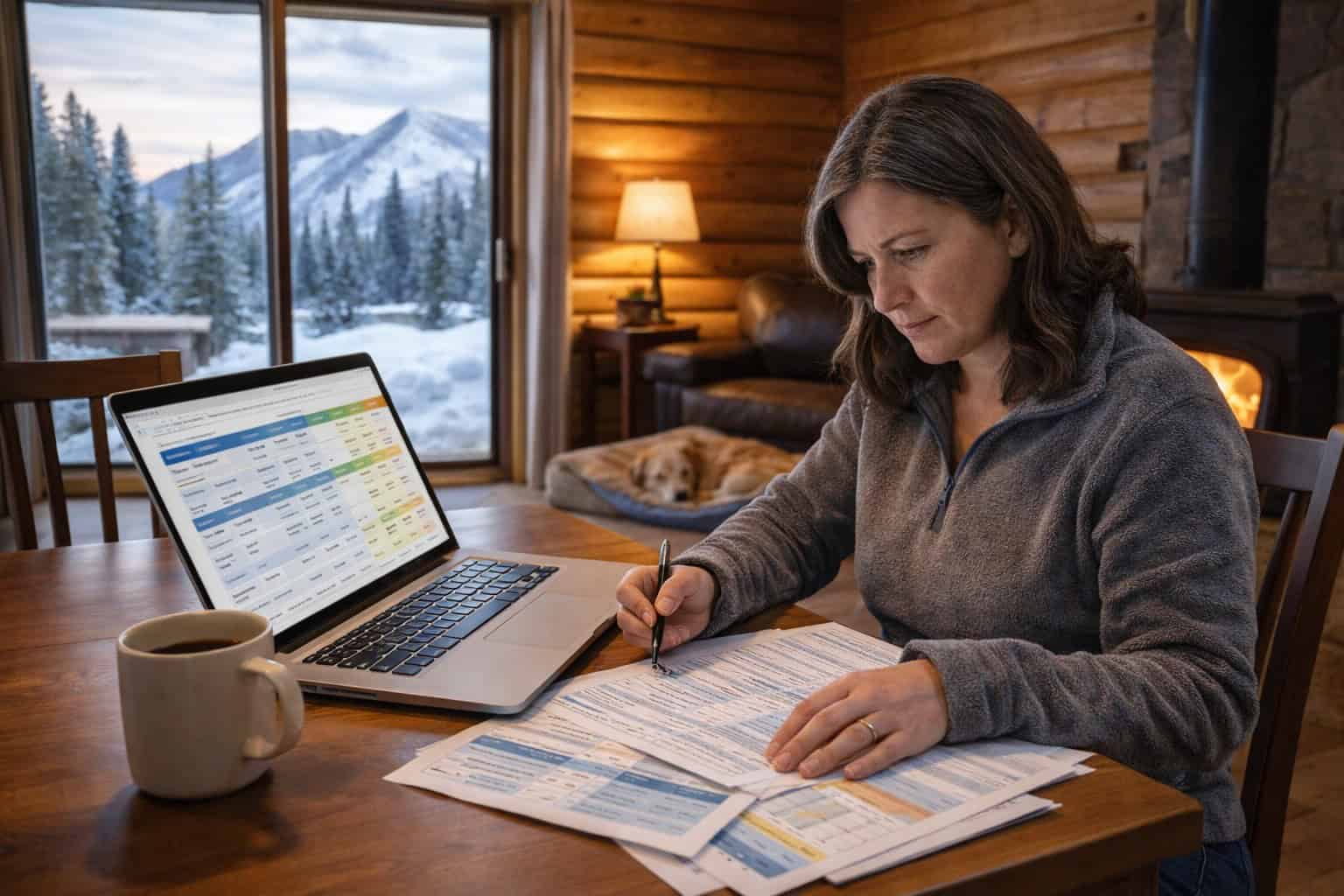  Woman reviewing health insurance documents on a laptop at a kitchen table in a contemporary mountain cabin near Steamboat Springs, Colorado