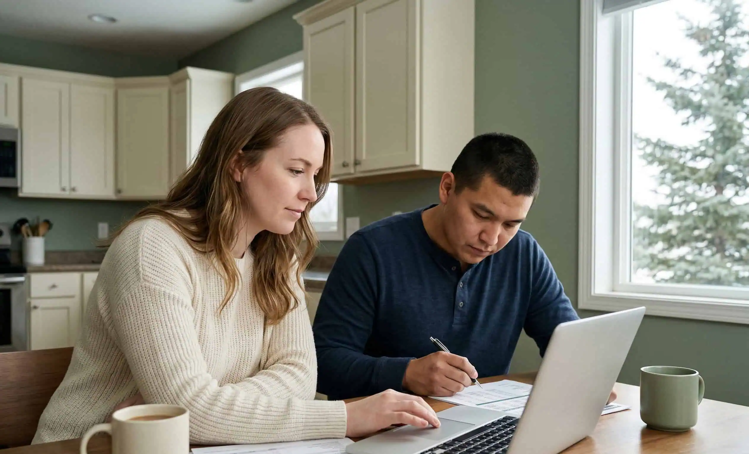 Alaska couple reviewing affordable health insurance subsidy options on a laptop at their kitchen table in Anchorage