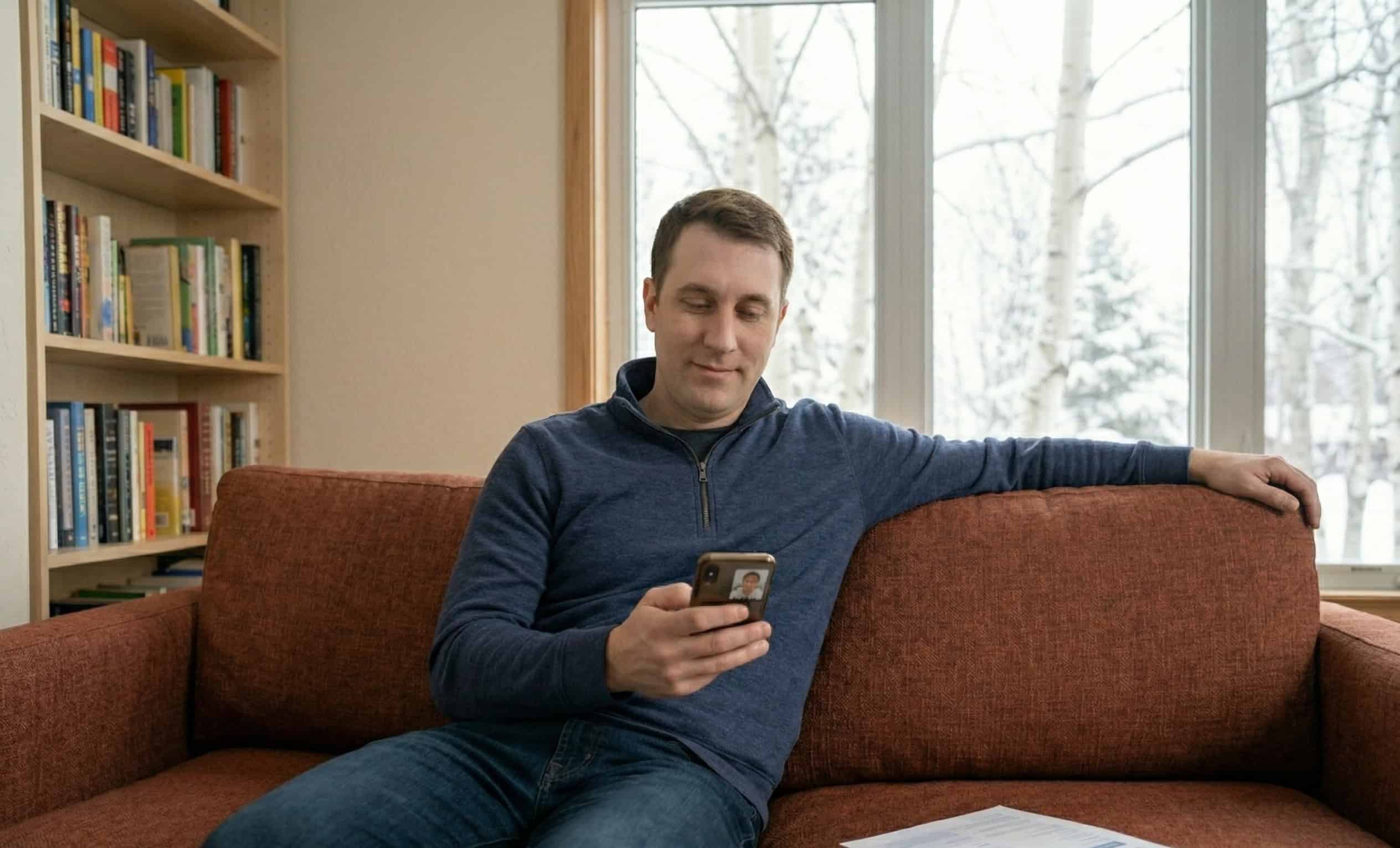Alaska resident enrolling in cheap health insurance on a smartphone at home in Fairbanks