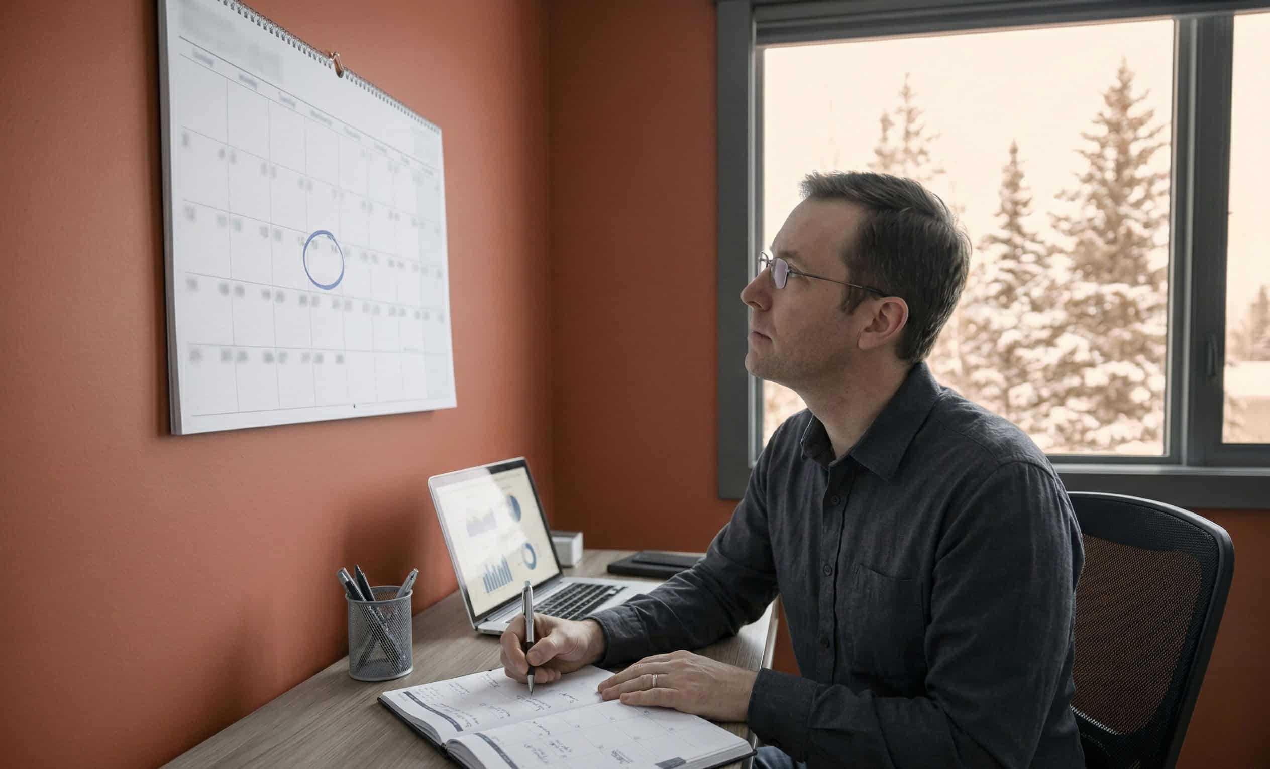 Alaska professional reviewing enrollment deadline dates at a home office desk in Anchorage