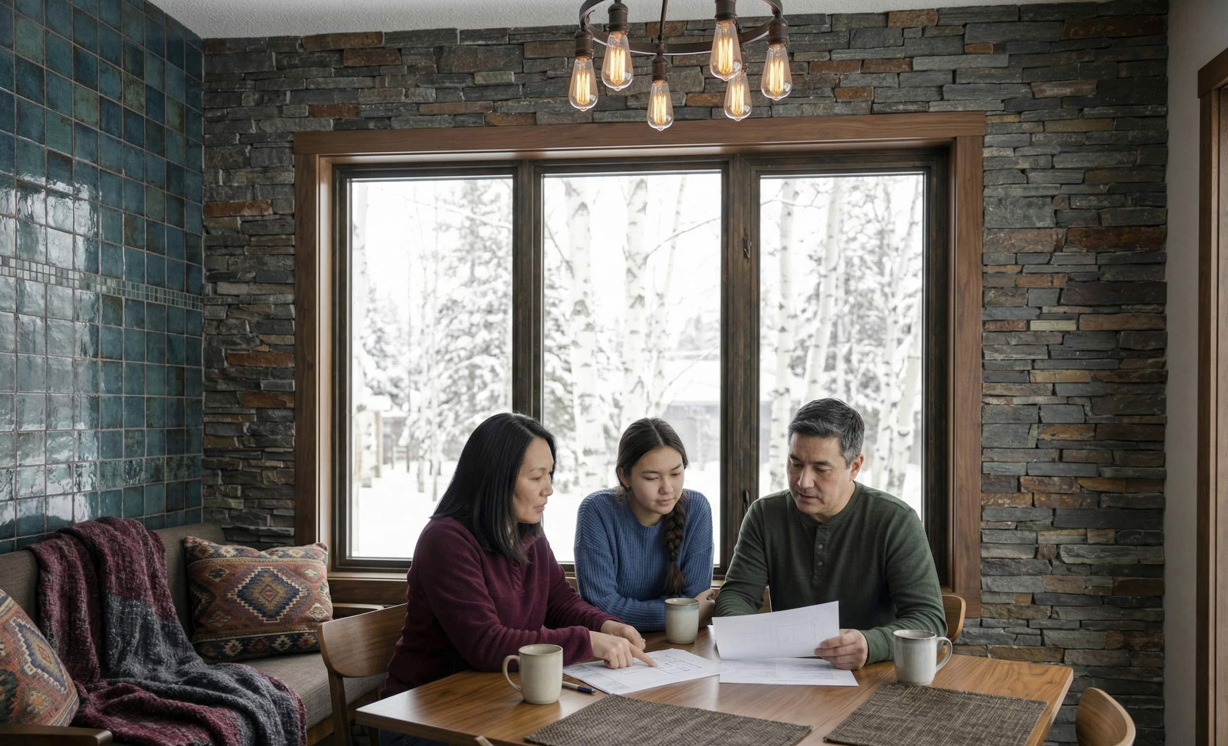 Alaska Native family reviewing health insurance marketplace options together at a dining table in Fairbanks