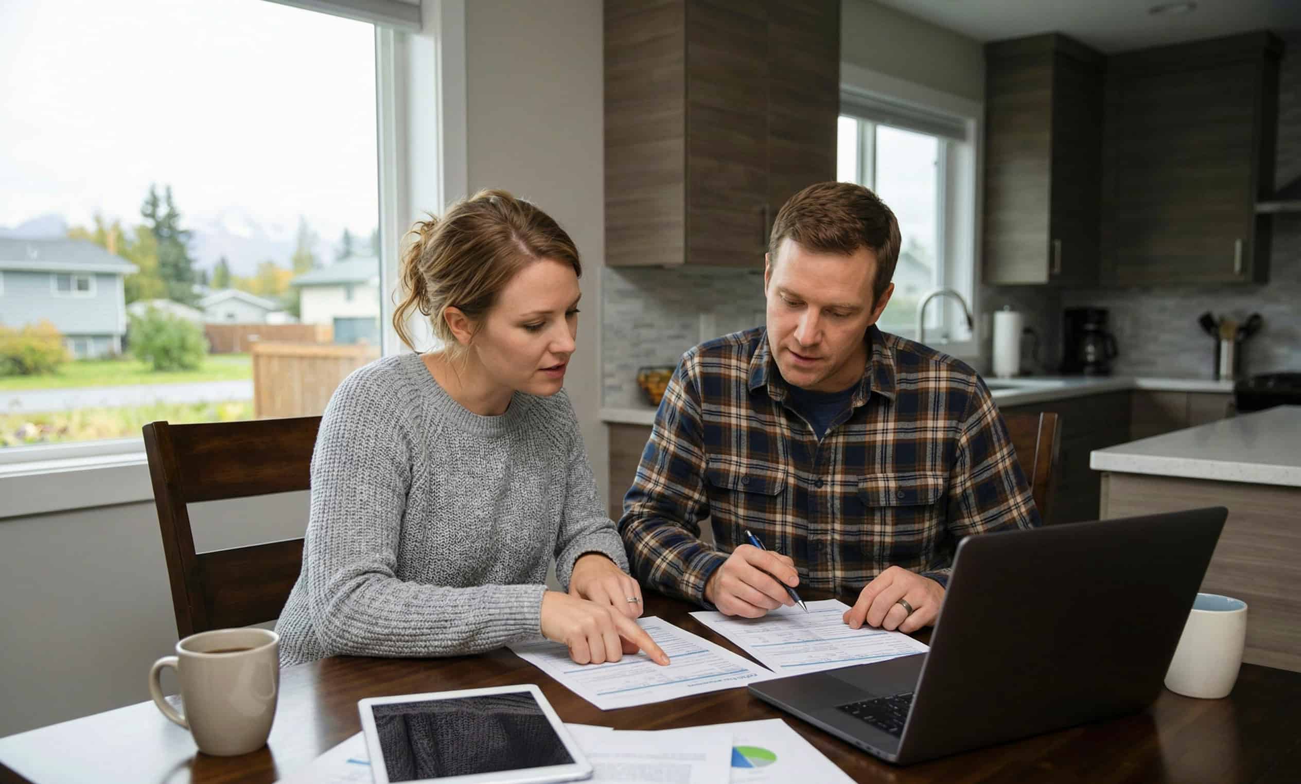 laska family reviewing health insurance plan options on a laptop at their kitchen table in Anchorage
