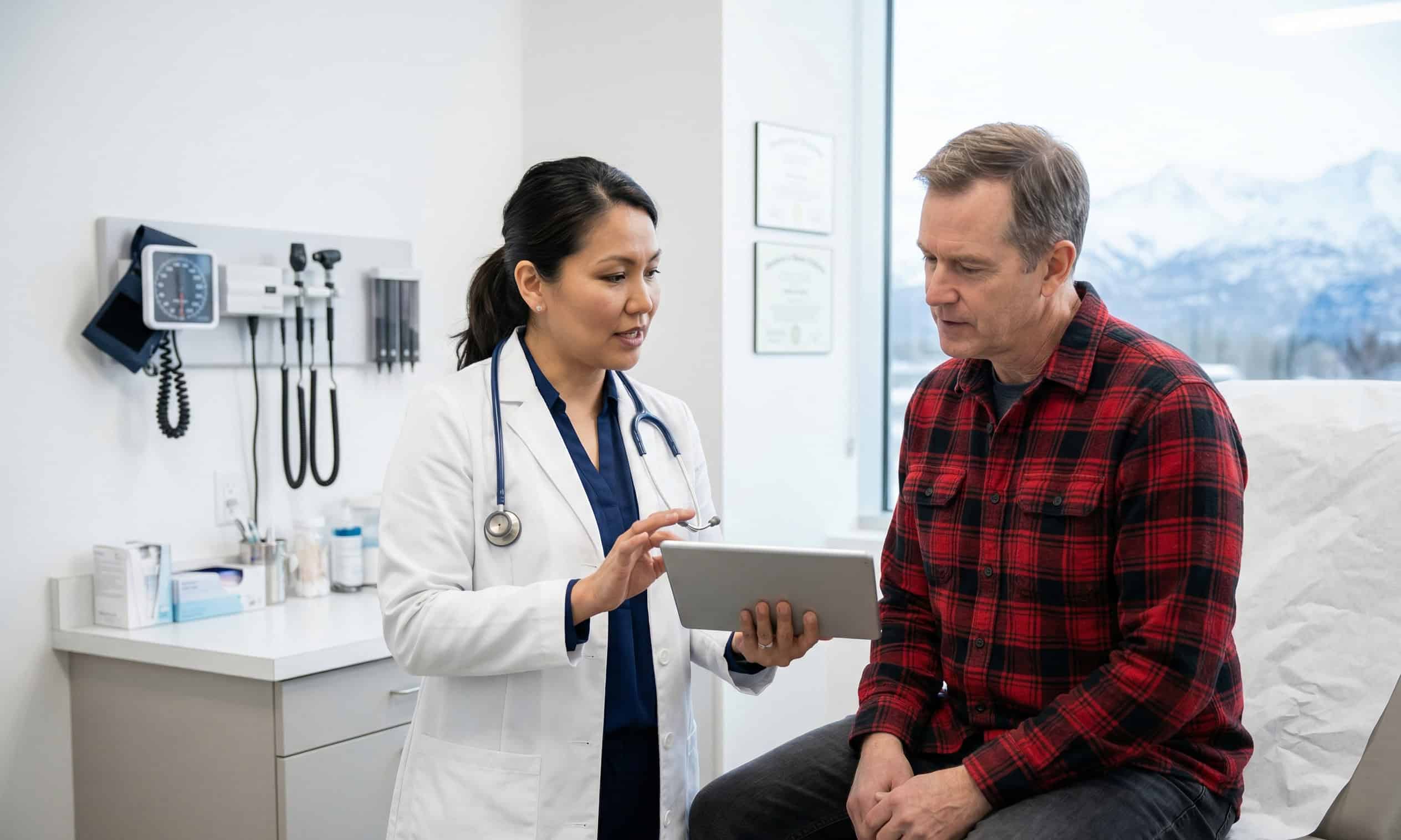 Healthcare provider consulting with a patient in a modern Anchorage medical clinic