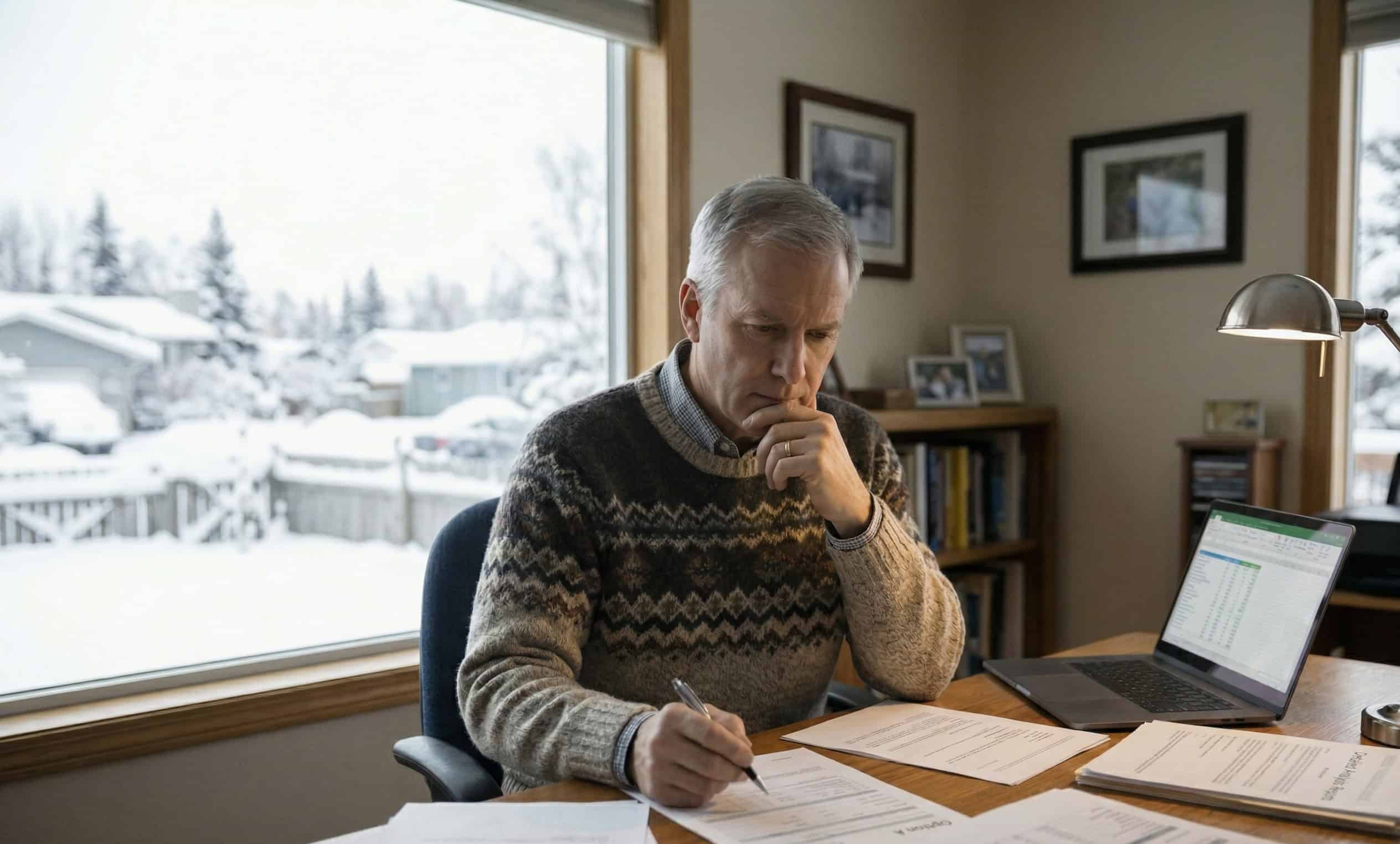 Alaska resident reviewing health insurance subsidy options at a home office desk in Fairbanks