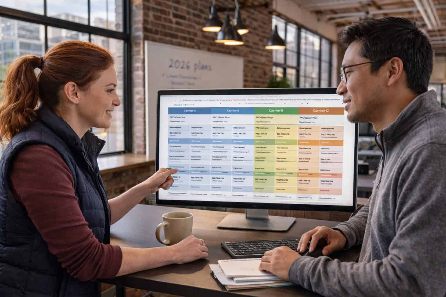 Couple comparing health insurance carrier options side by side on a large monitor at a standing desk in a Denver RiNo co-working space