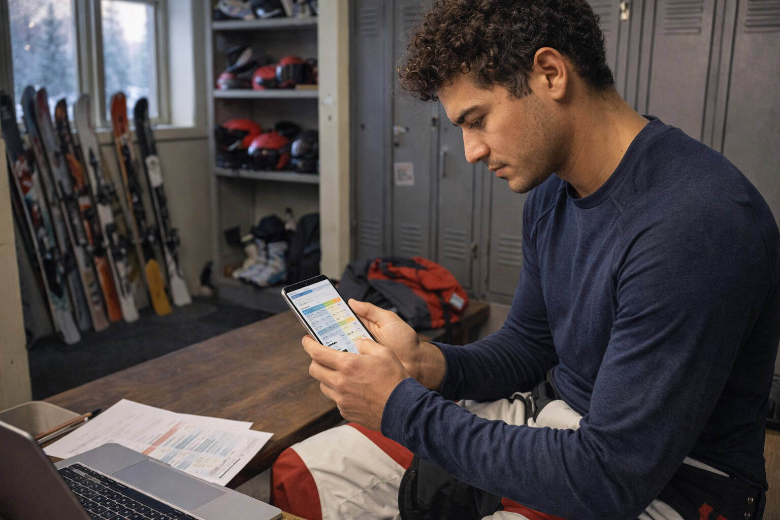  Seasonal ski patrol worker scrolling through individual health insurance plan options on his phone in a Vail resort break room
