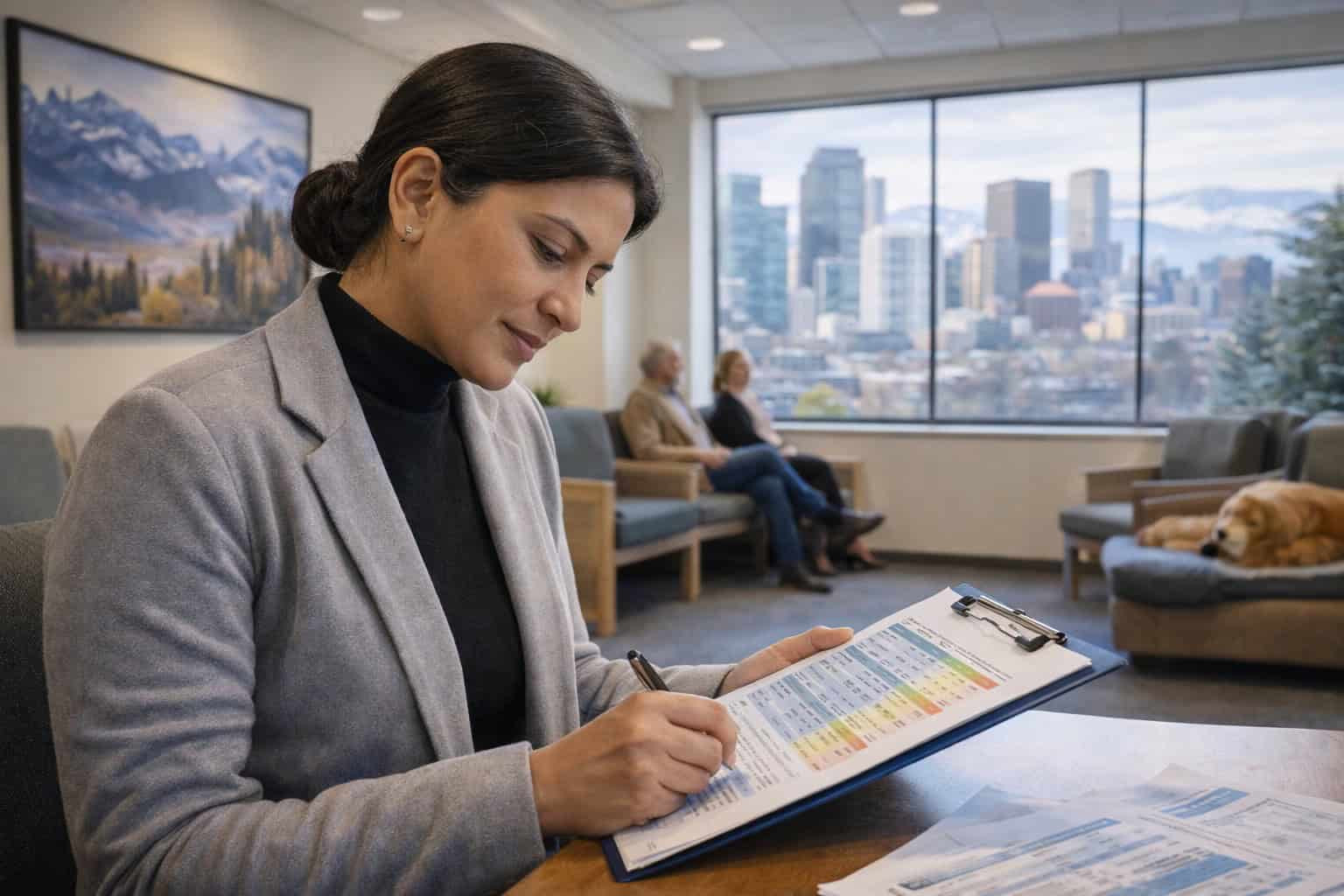 South Asian woman reviewing paperwork in a specialist doctor's waiting room in a Denver medical office, Denver skyline visible through large windows