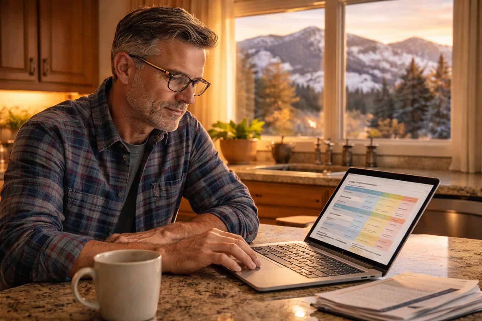 Middle-aged Black man reviewing health insurance plan options on a laptop at a kitchen counter in a Denver-area home, Front Range foothills visible through the window