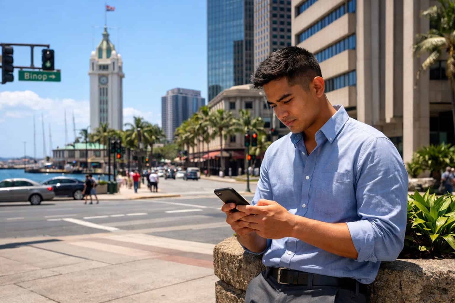 Hawaii resident reviewing affordable health insurance options on phone during lunch break in downtown Honolulu 2026