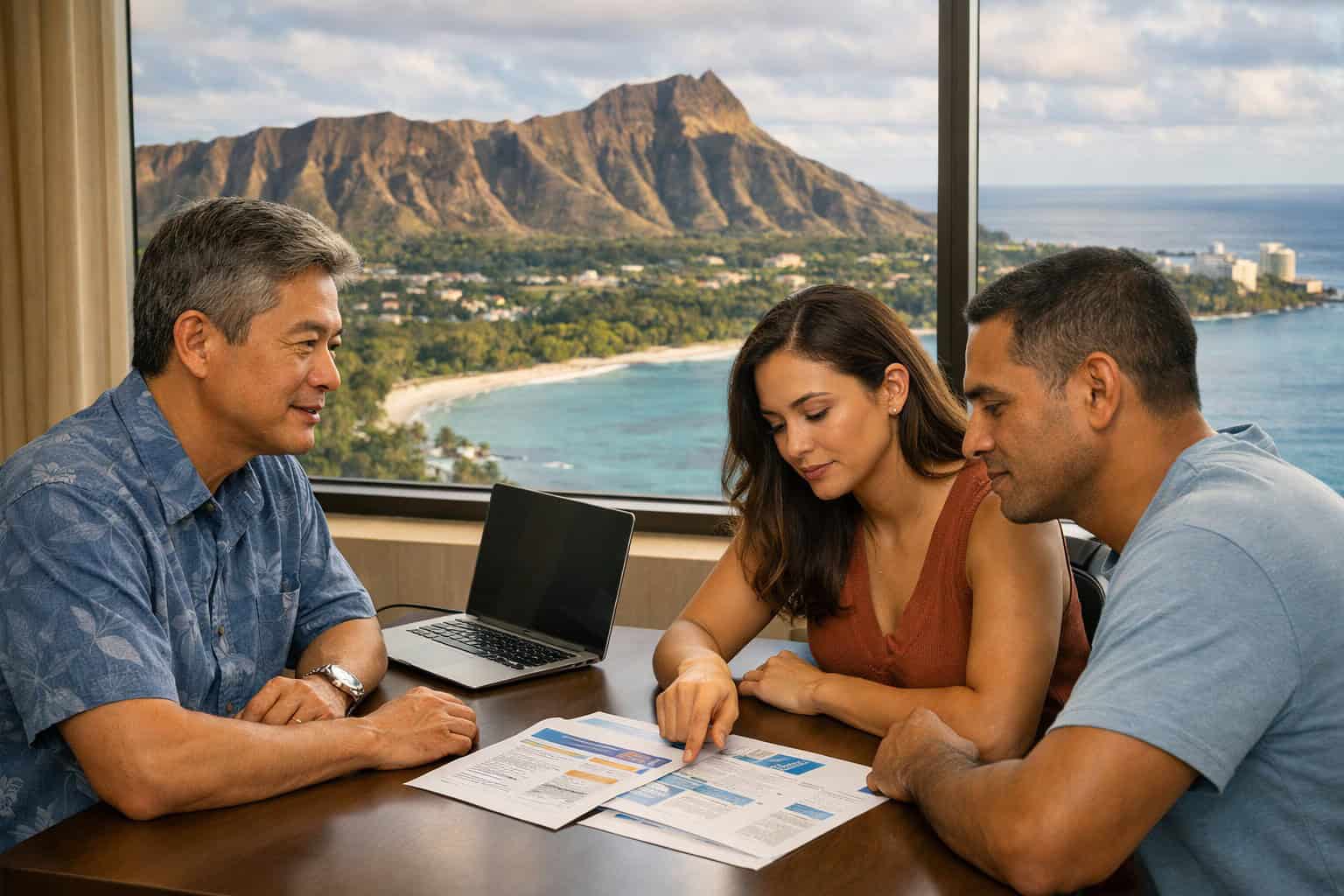 Hawaii insurance agent comparing HMSA and Kaiser plan options with clients in a Waikiki, Oahu office